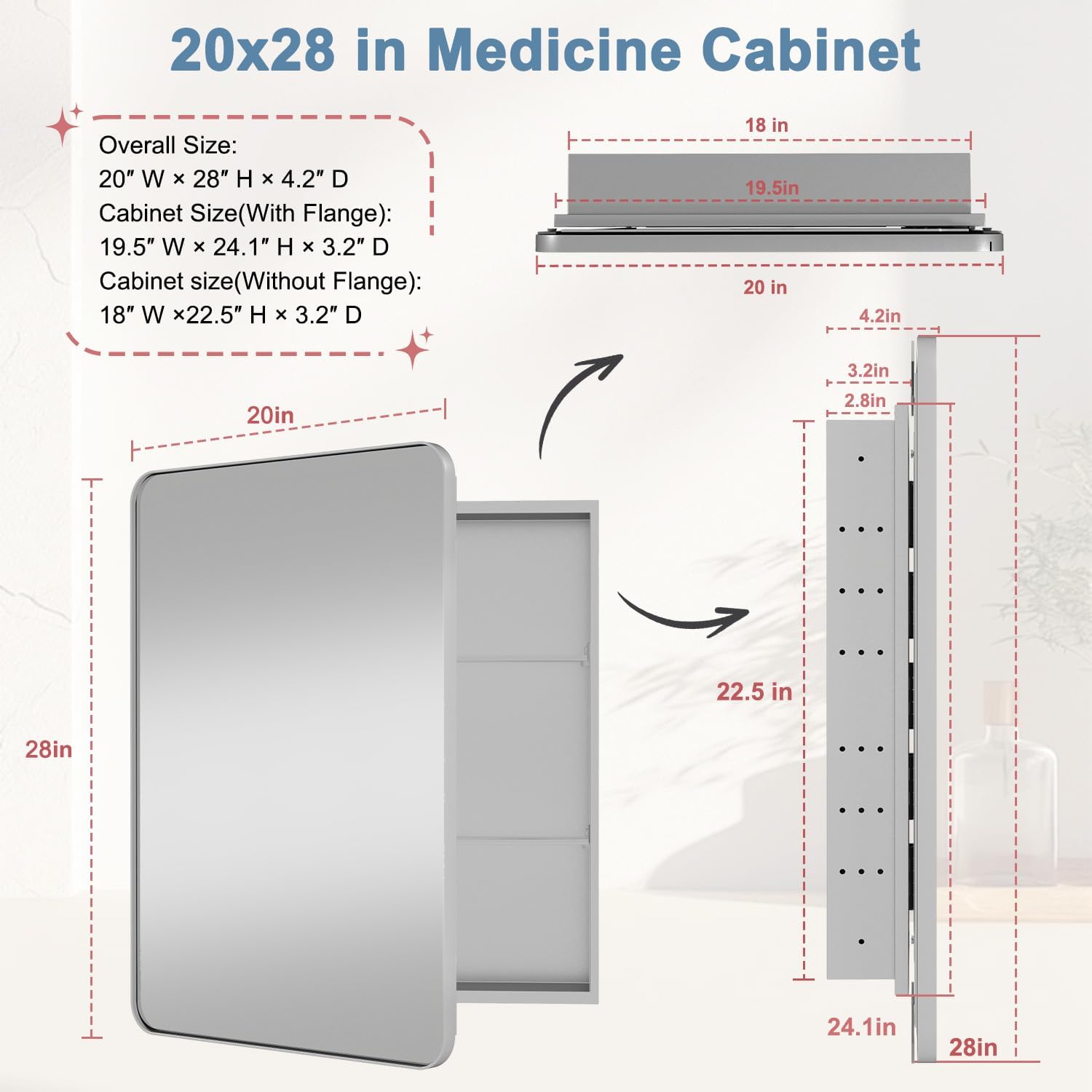 Thumbnail 2 de Venlus Silver Medicine Cabinet with Mirror, 20x28 — Fully Assembled, Recessed or Surface Mount