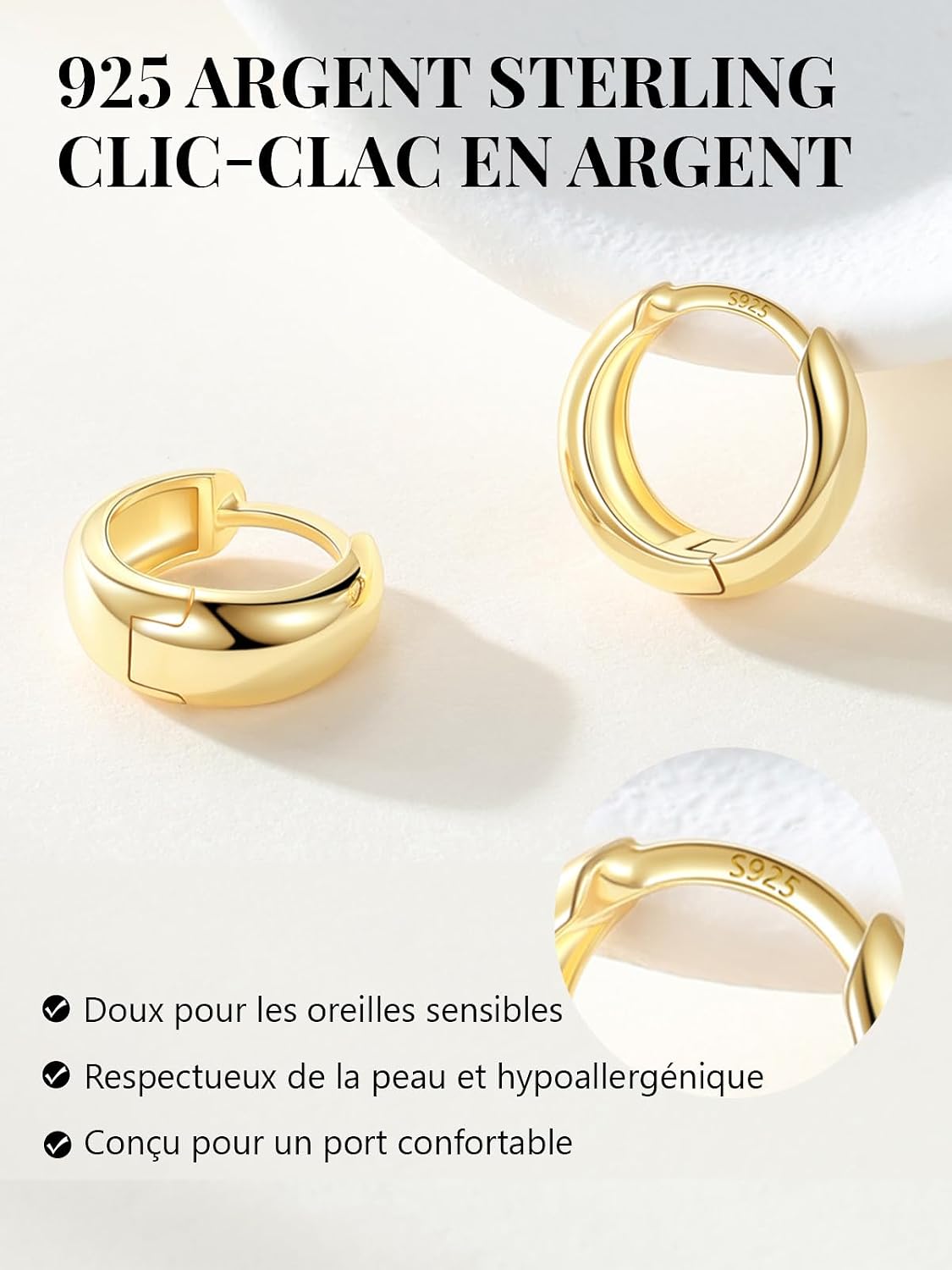 Detalle de Silvora Petit Créoles Argent 925 – Créoles mini 8–14 mm, or/noir, argent/cuivre, emballage cadeau