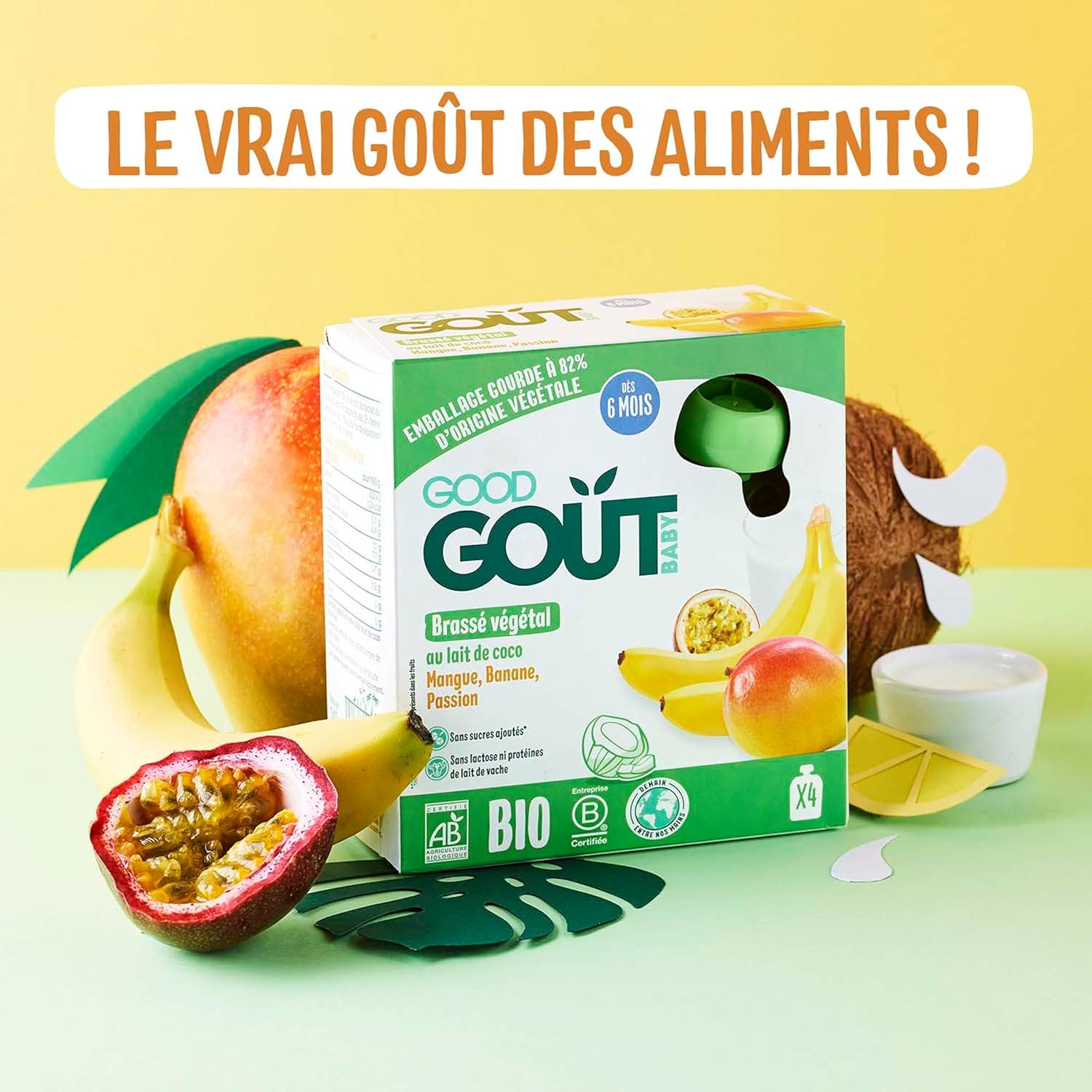 Detalle de GOOD GOÛT Brassé Végétal au Lait de Coco - Mangue Banane Passion, Dès 6 Mois (10x85g)