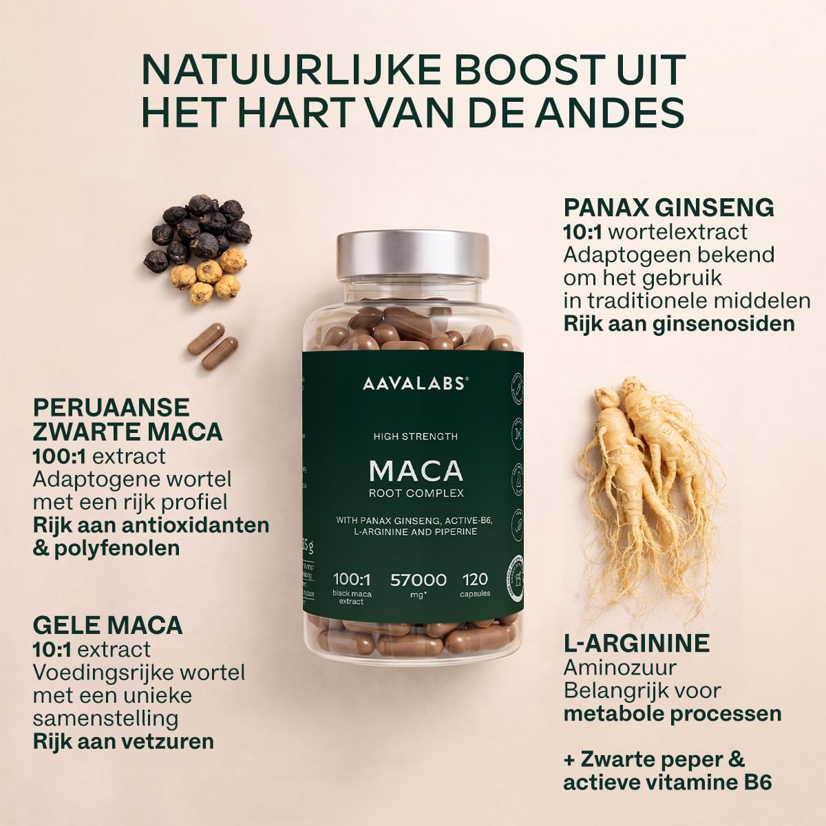 Thumbnail 3 de AAVALABS Zwarte & Gele Maca-wortel 57.000 mg, 120 vegan capsules