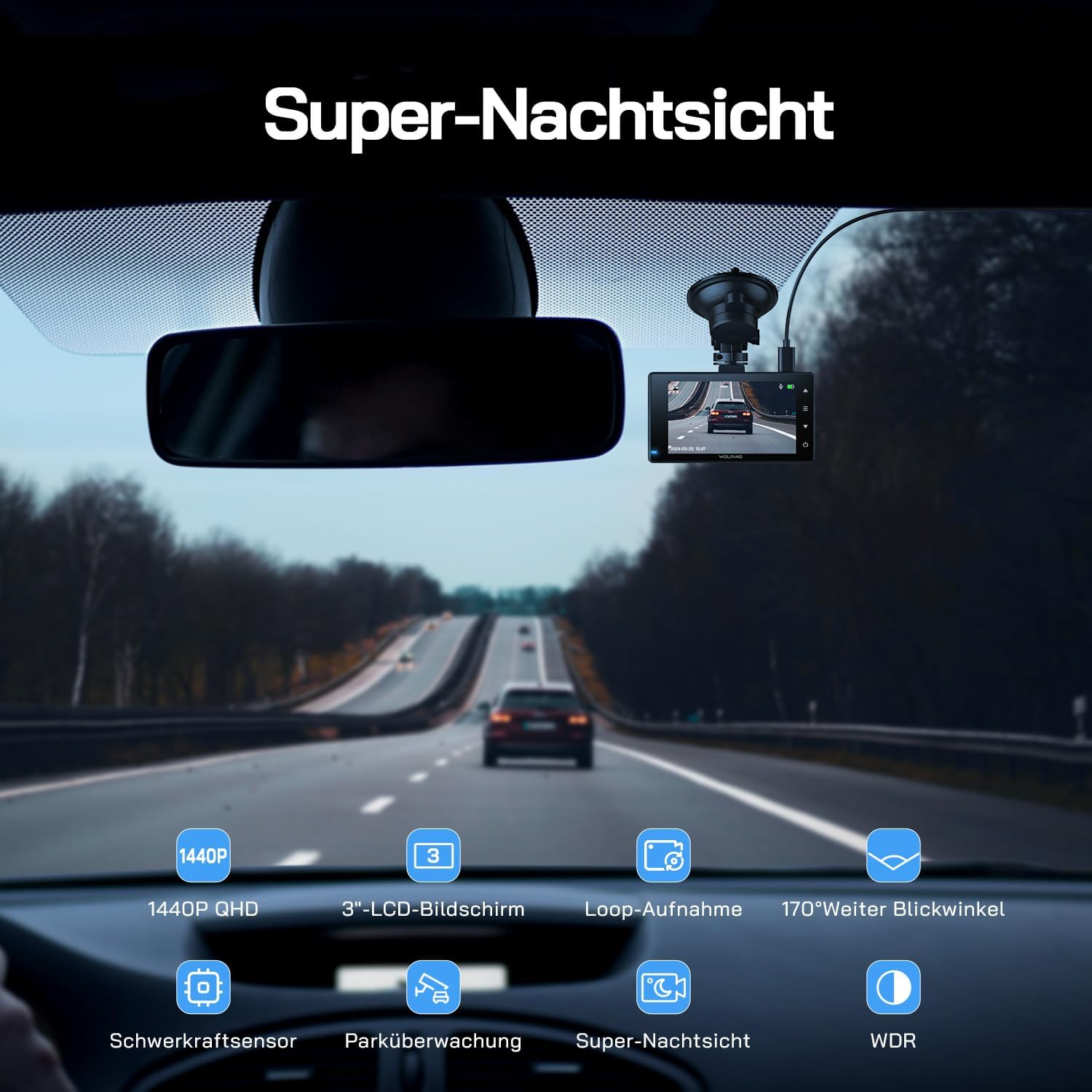 Detalle 2 de WOLFANG Dashcam Auto vorne & hinten 2,5K + 1080P mit 170° Weitwinkel, WDR und 24h Parkmodus inkl. 32-GB-SD
