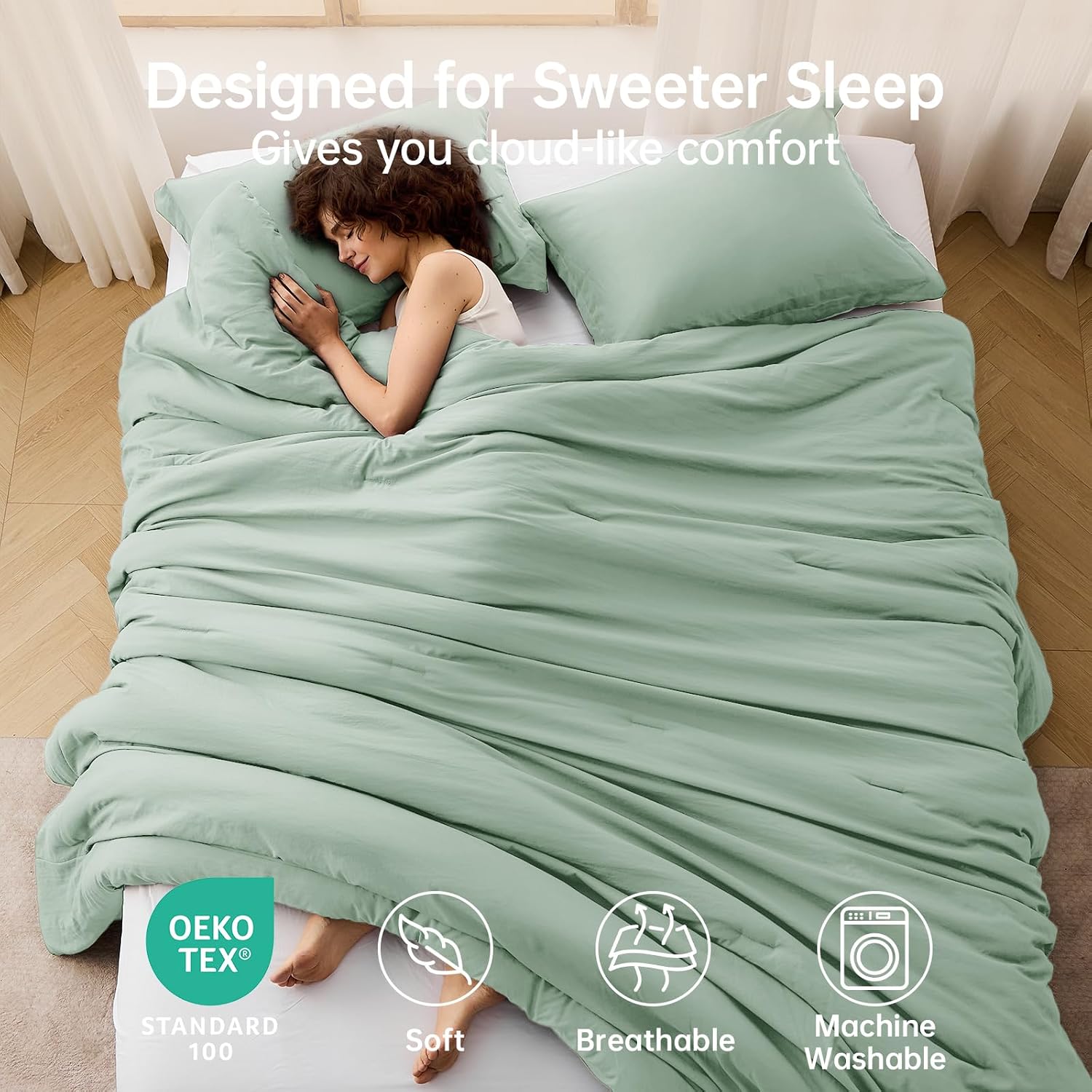 Detalle 2 de MUXHOMO Queen Comforter Set: All-Season Ultra-Soft Down Alternative Bedding in Sage Green