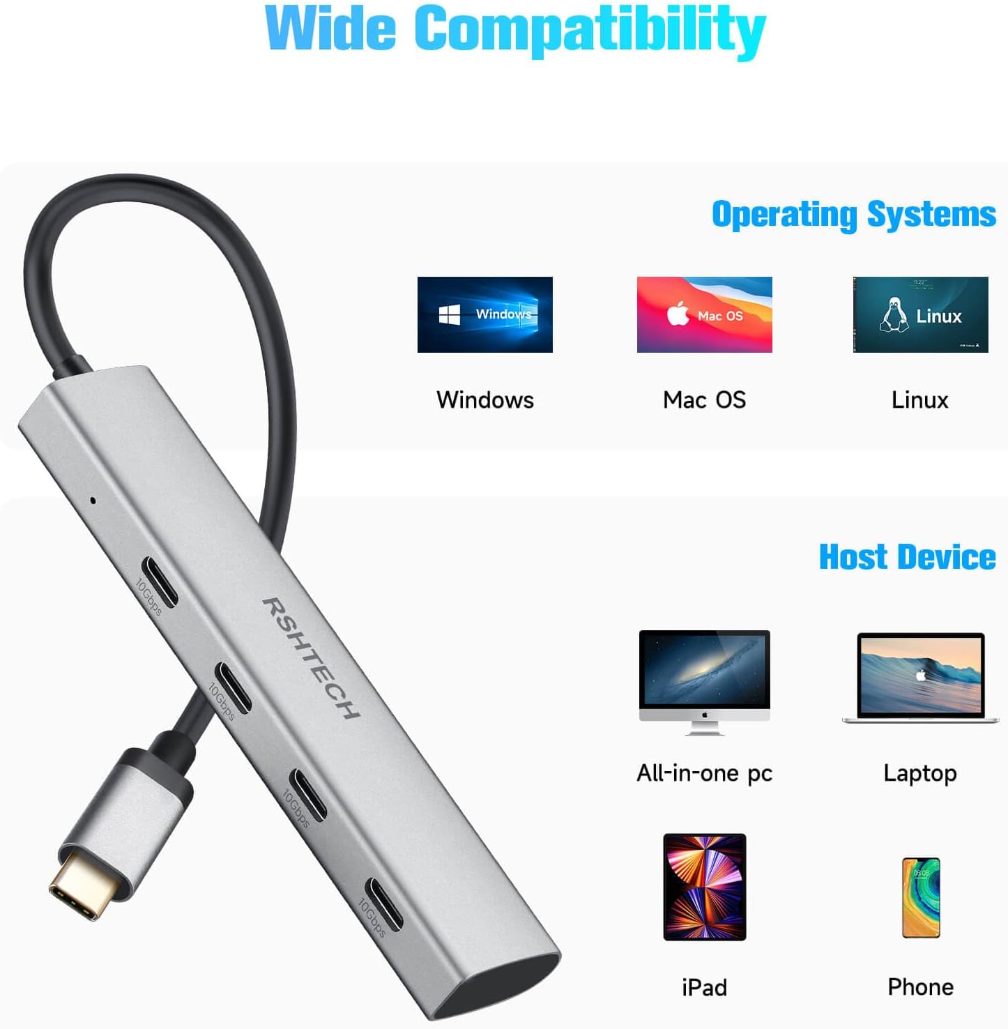 Thumbnail 5 de RSHTECH USB‑C Hub 10 Gbit/s (4‑Port, USB 3.2) RX04 – Ultra slim Aluminium Datenhub