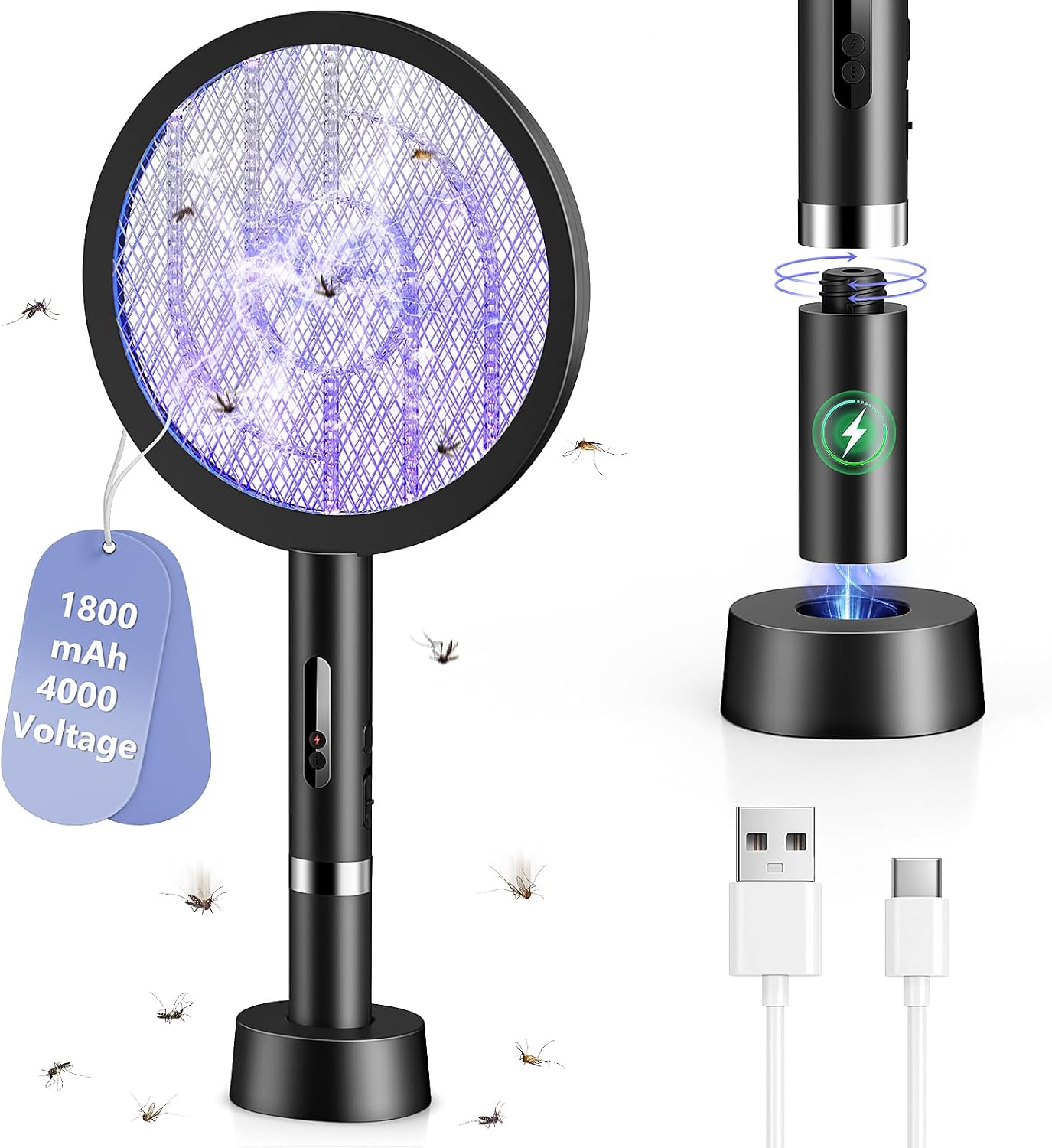 Detalle de BKXCHA 2 in 1 Elektrische Fliegenklatsche – 4000V, USB-Akku, LED-Lichtfalle
