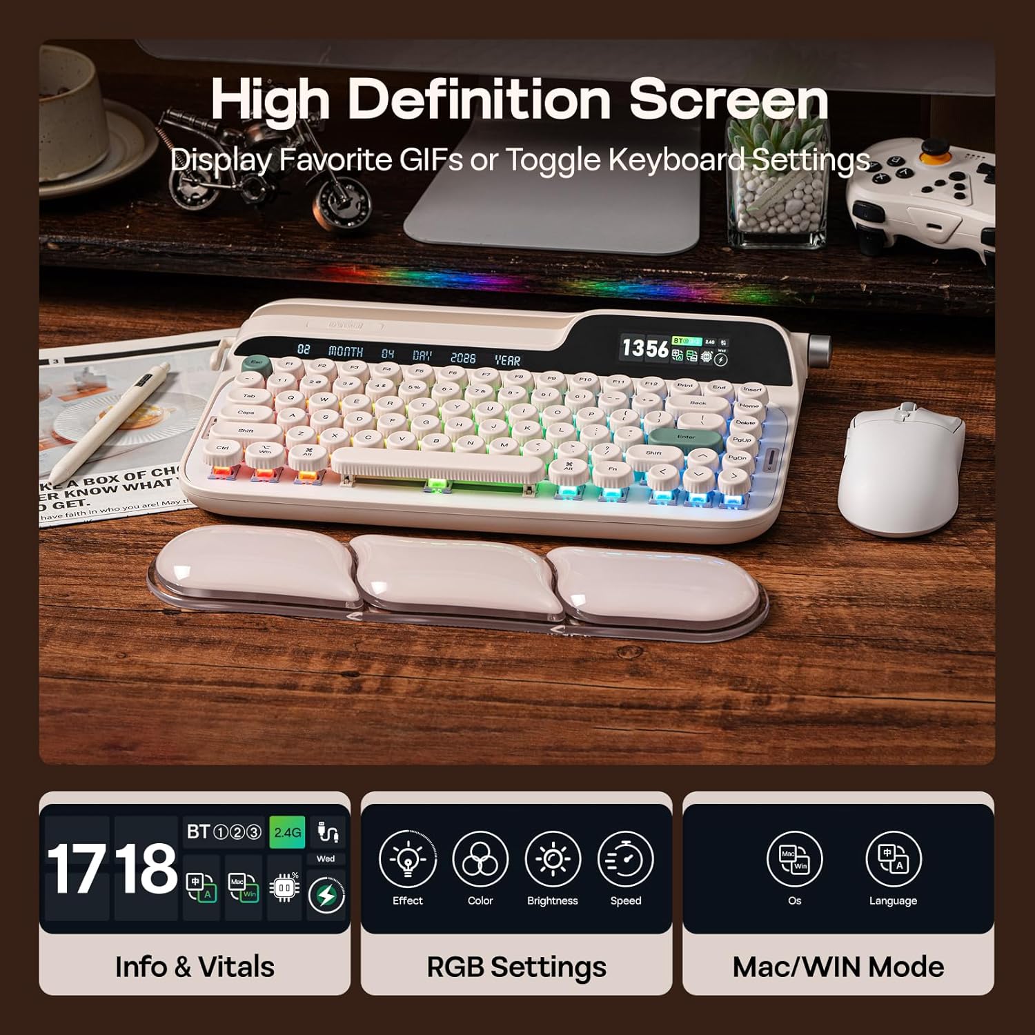 Thumbnail 2 de EPOMAKER Glyph Wireless Typewriter Retro Mechanical Keyboard (75% hot-swap) with Screen, Knob, Lever, and Round PBT Keycaps