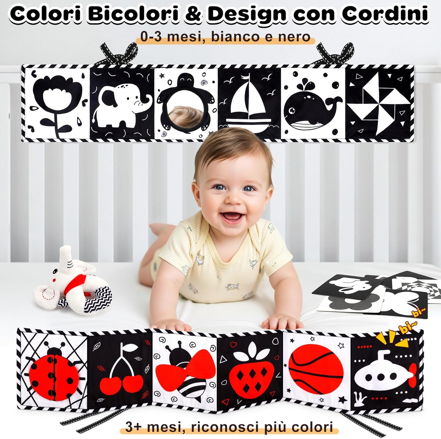 Thumbnail 2 de Perbabe Giochi Neonato 31 pz: libro sensoriale, carte bianco/nero e accessori Montessori 0-12 mesi
