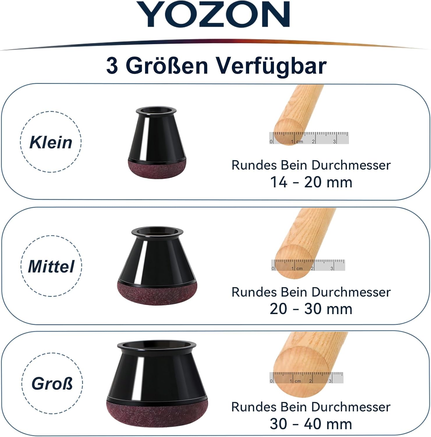 Detalle de 20 Stück Schutzkappen für Stuhlbeine mit Filz – runde Bodenschoner, Durchmesser 20–30 mm, Schwarz