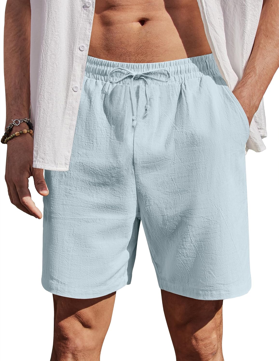 Detalle de COOFANDY Short décontracté pour homme en coton – pantalon court plage avec élastique et poches