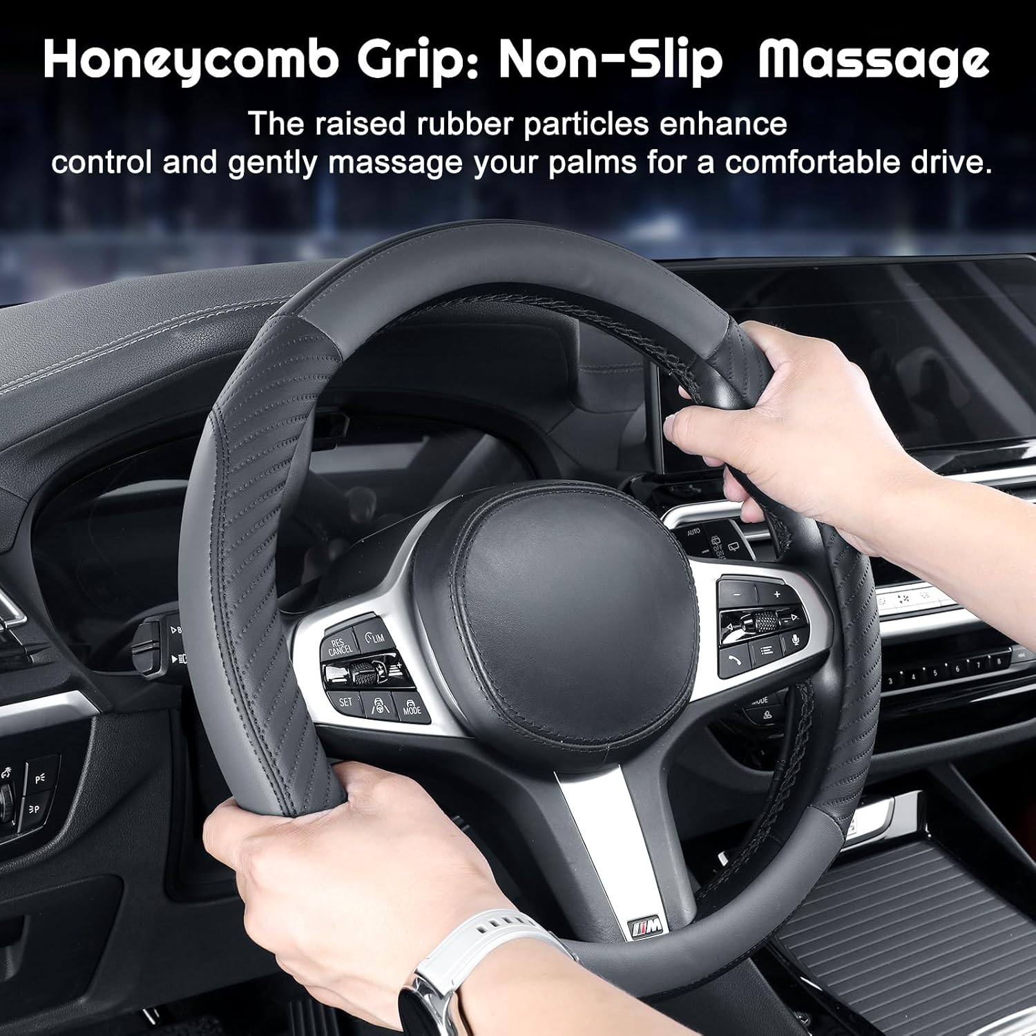 Thumbnail 2 de Universal Microfibre Leather Car Steering Wheel Cover (Soft, Anti-slip, Breathable) – 37–38cm / 14.5–15in, Grey