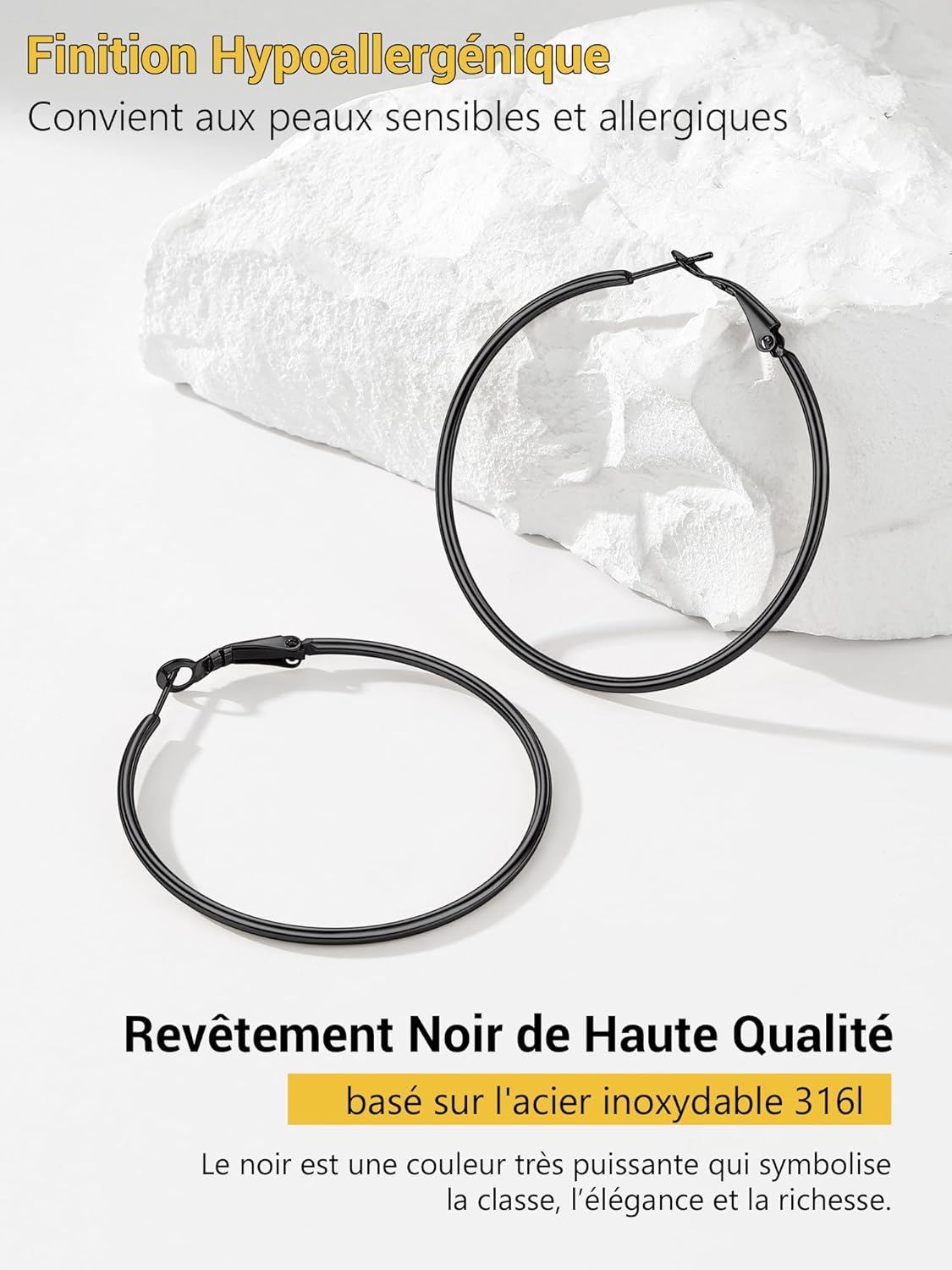 Thumbnail 3 de PROSTEEL Créoles Femme 30/50/70 mm – Lot de 3 paires en acier inoxydable 316L (noir)