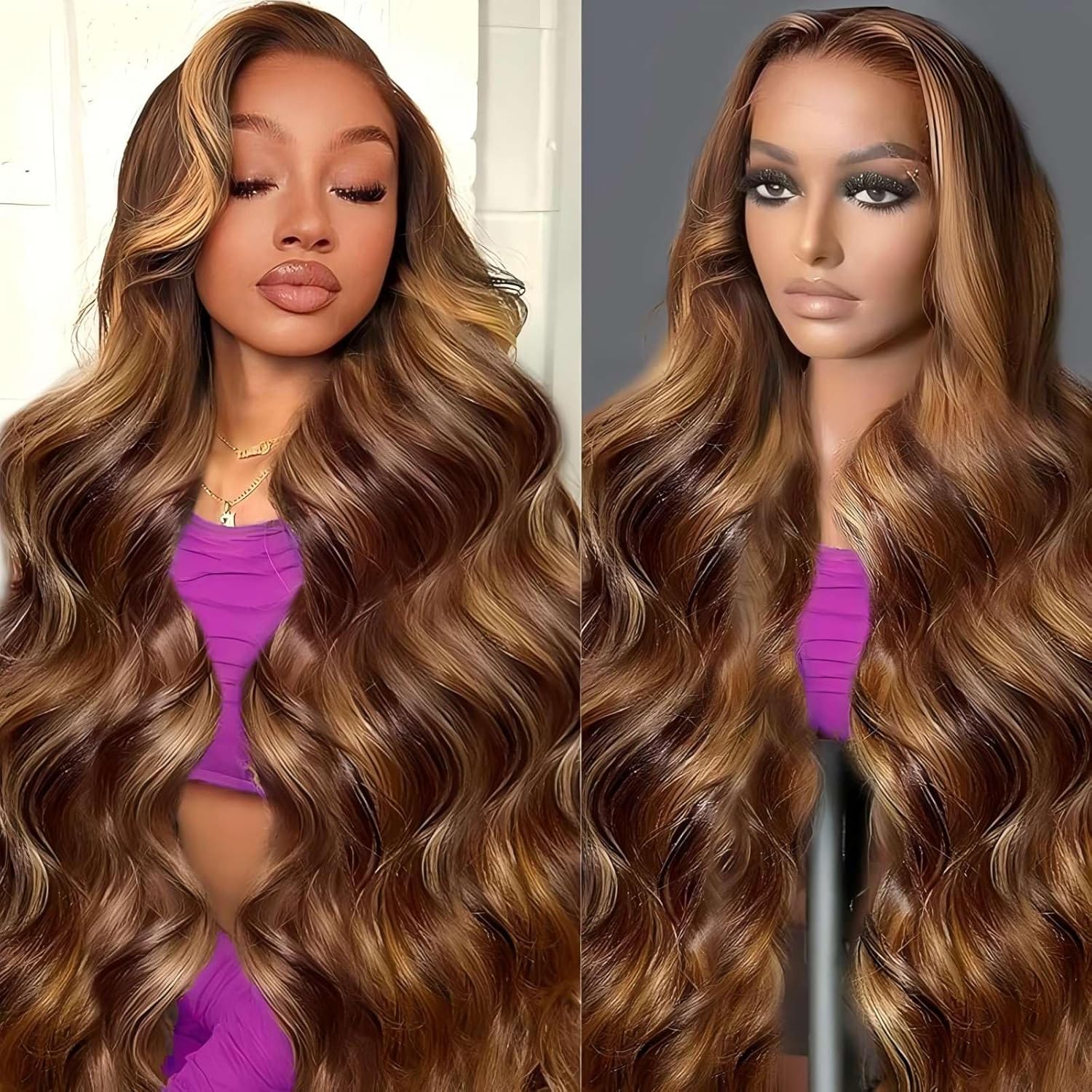 Detalle de QZOQZO Ombre Lace Front Wig Human Hair 13x6 – 28in, 4/27 Highlight, Body Wave, 180% Density