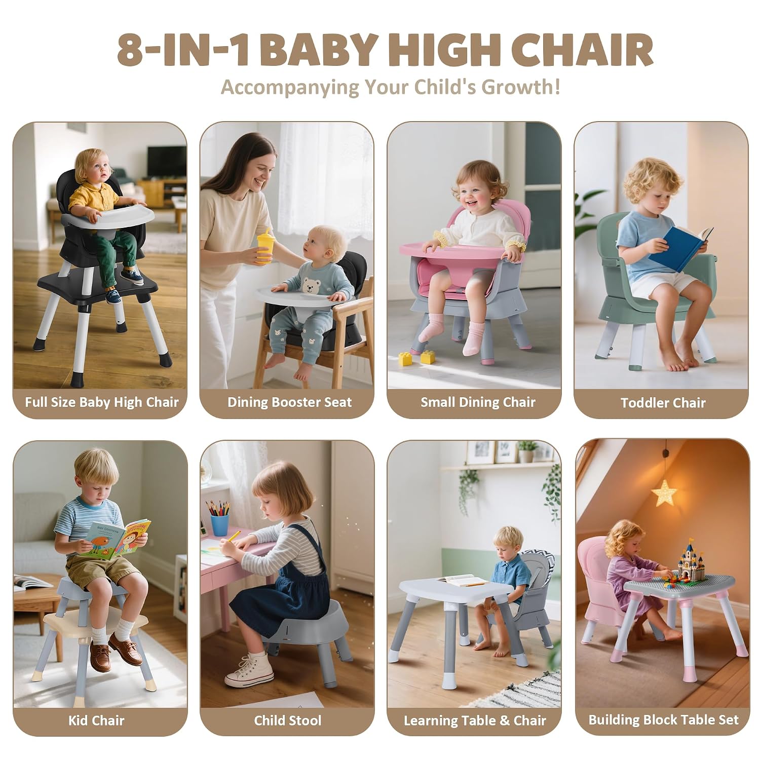 Thumbnail 1 de TODEFULL 8-in-1 Baby High Chair with Removable Tray and Convertible Seating