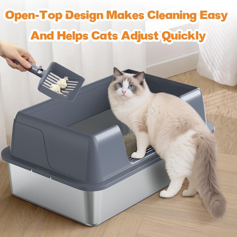 Thumbnail 6 de Vivifying Bac à Litière en Acier Inoxydable pour Chat – Entrée Latérale, Pelle et Anti-Débordement (Gris)