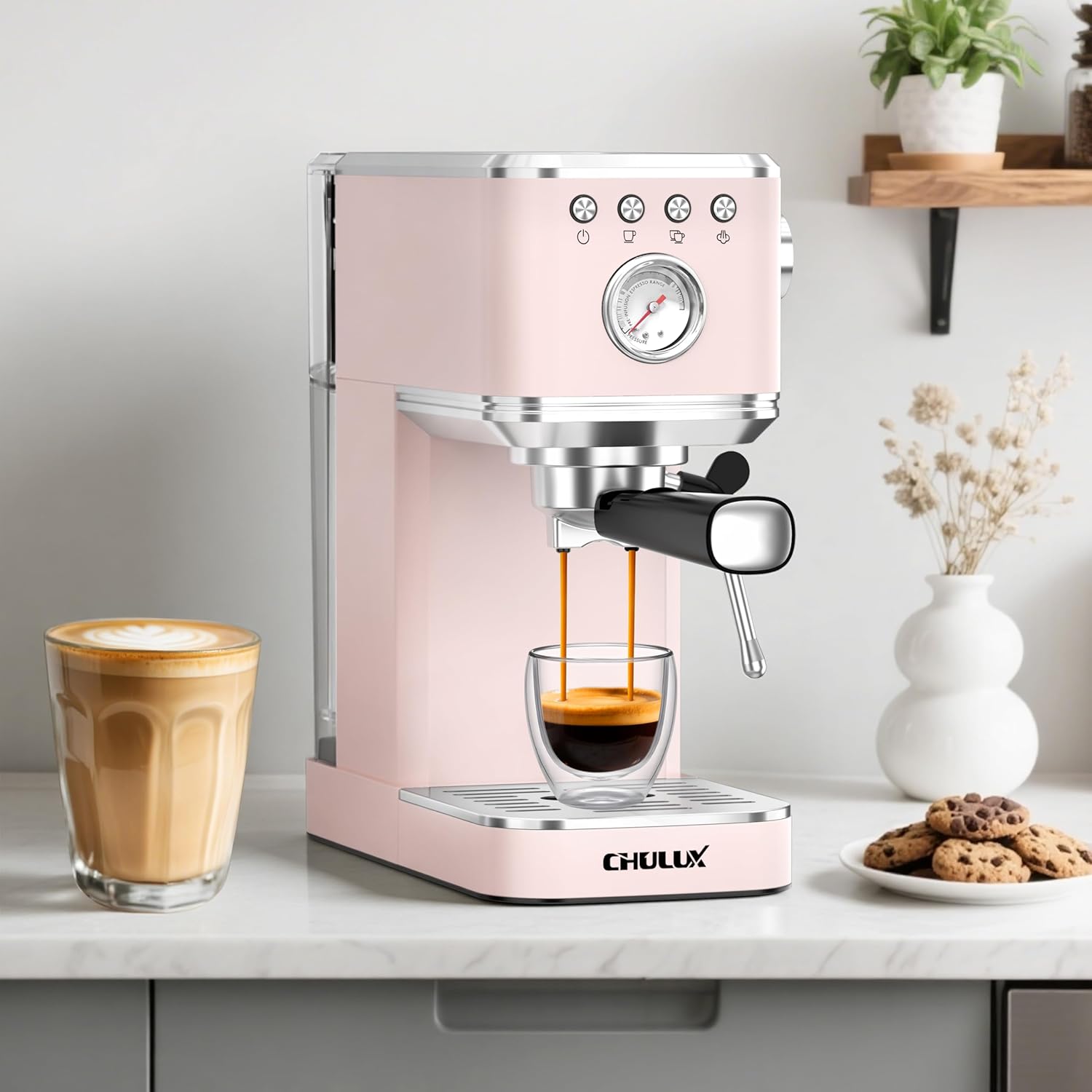 Thumbnail 4 de CHULUX Slim Espresso Machine with Milk Frother – 20 Bar Pump, 1350W, Compact Pink Stainless Steel