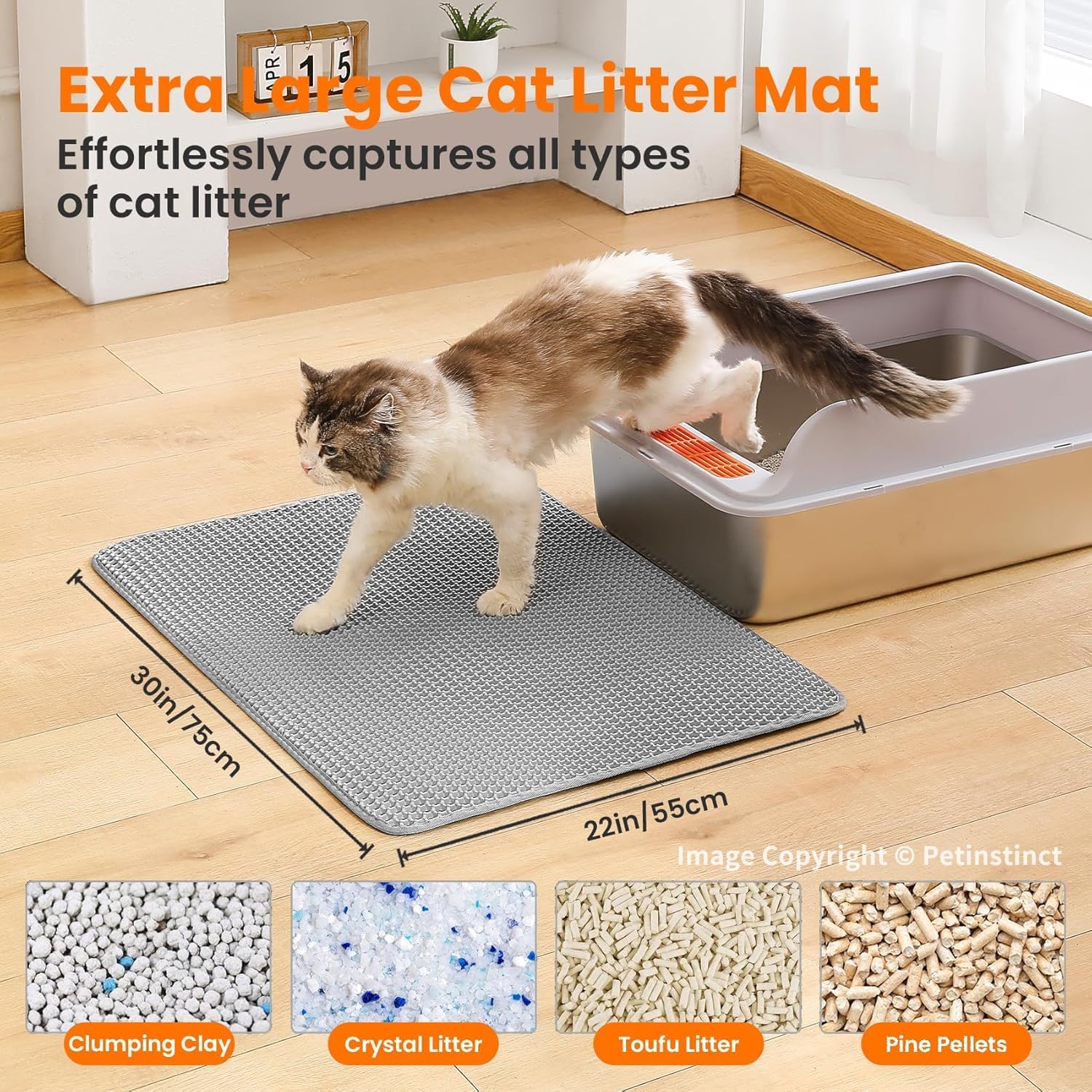 Detalle 2 de Petinstinct 22x30 Inch Grey Cat Litter Mat, Double-Layer Honeycomb, Waterproof