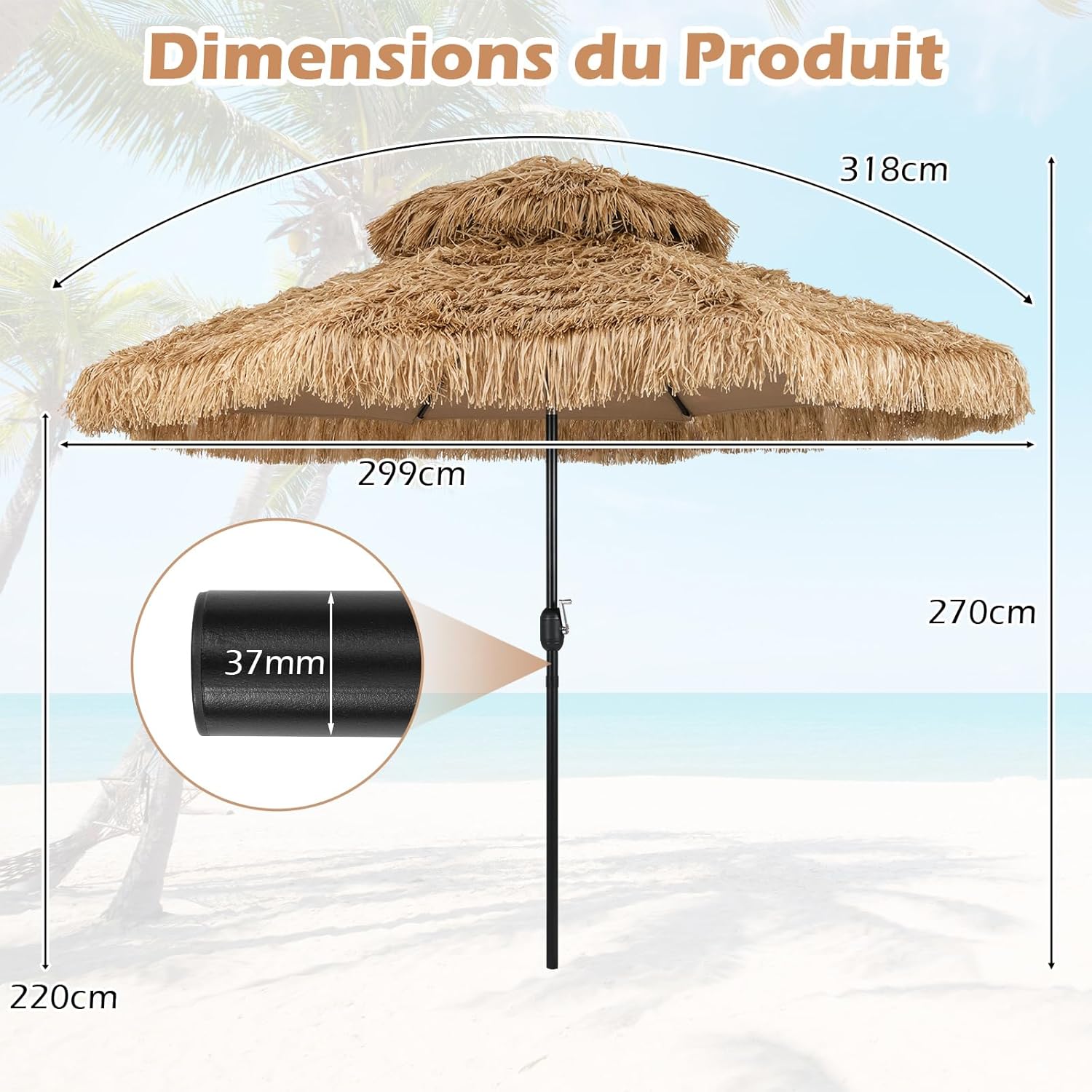 Thumbnail 4 de GOPLUS parasol 3 m en paille PE style hawaïen à double toit inclinable 30°