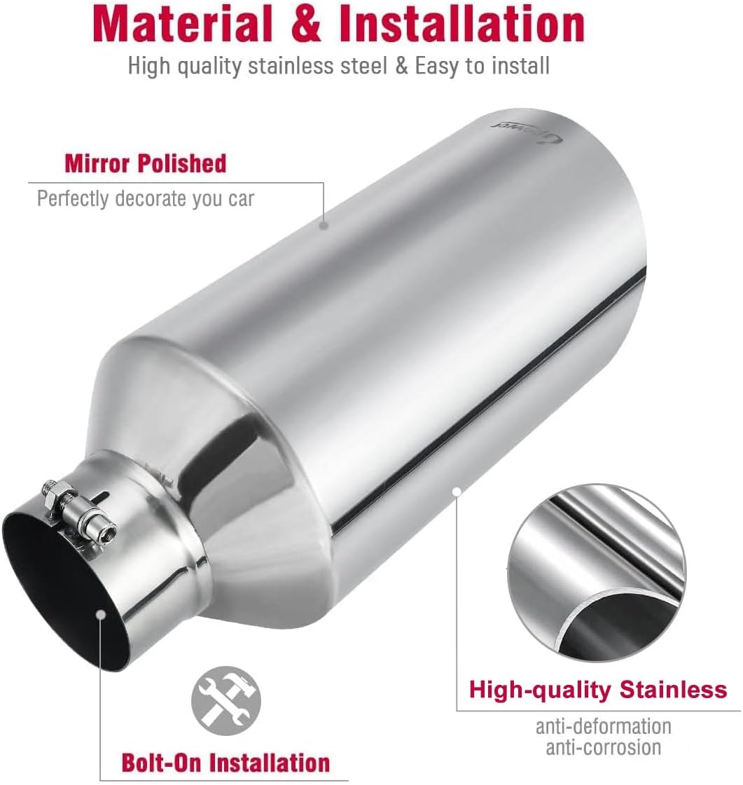 Detalle de Upower 4" to 8" Exhaust Tip Mirror Polished, 18" Long, Bolt-On, 45° Angle — Universal for Trucks, Pickup, and Cars