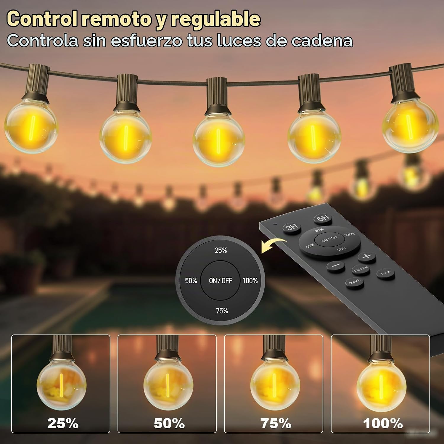 Thumbnail 2 de Guirnalda Luces Exterior 30M de BokiHuk: regulable, impermeable y con mando (50+2 bombillas) para terraza y eventos