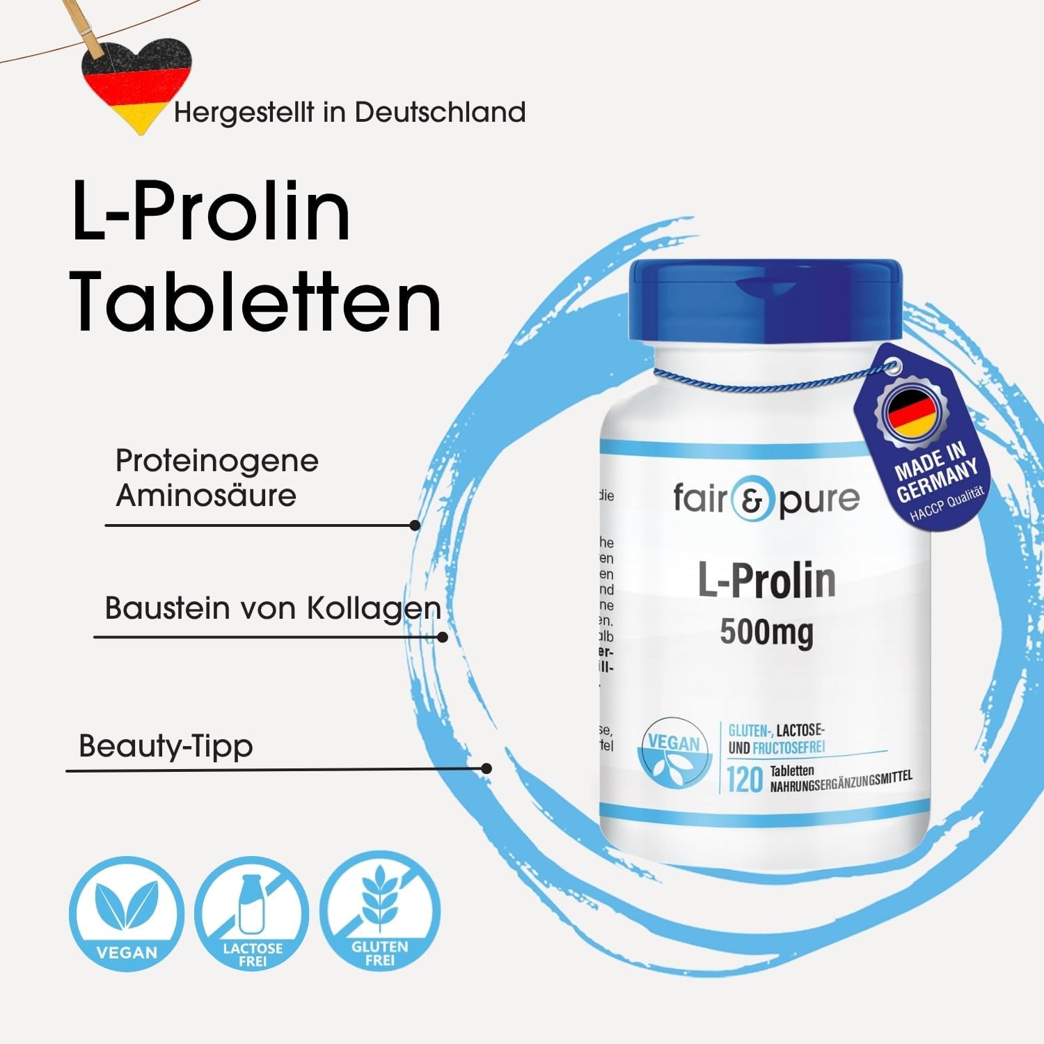 Detalle 2 de Fair & Pure L-Prolin 500 mg – 120 Tabletten, vegan, hochdosiert, hergestellt in Deutschland