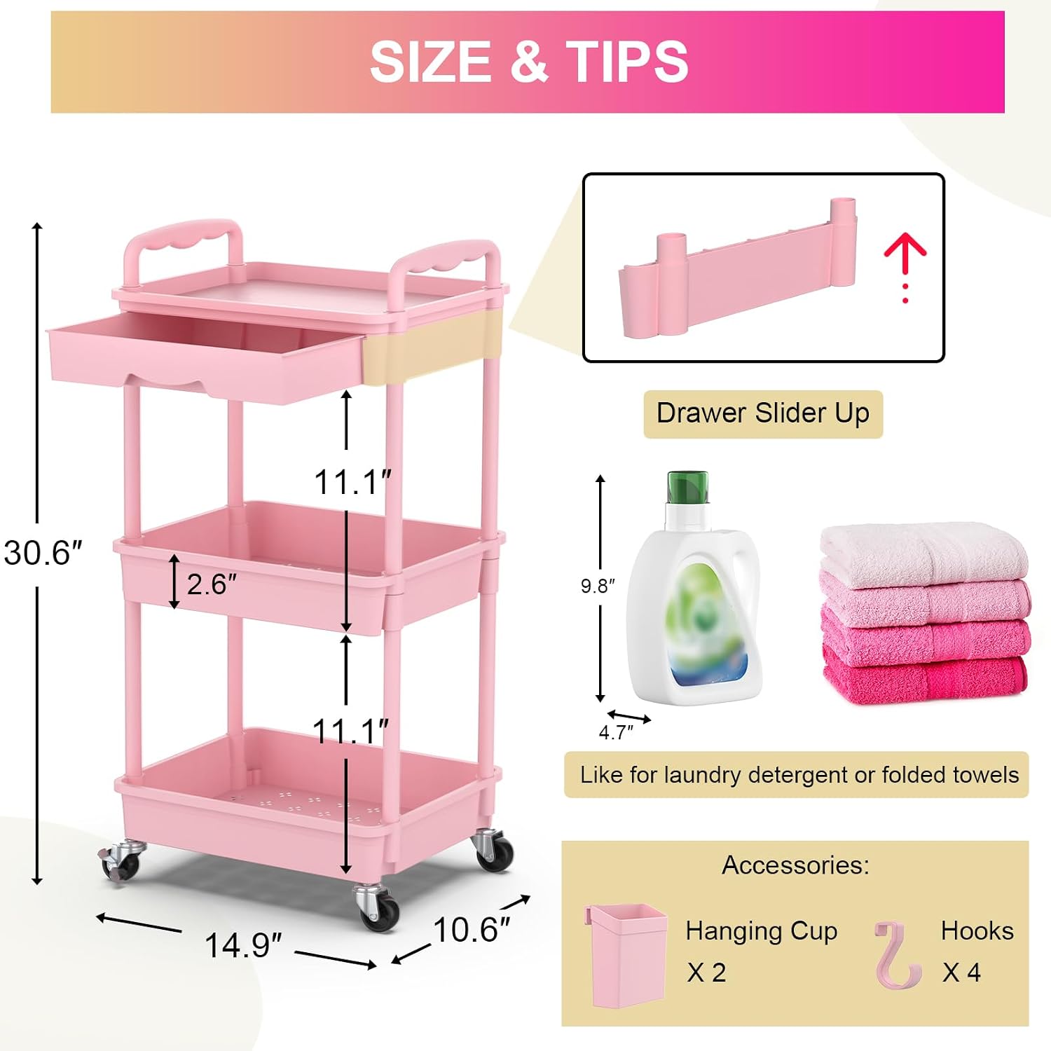 Detalle de Goovilla GV-UC03PK 3-Tier Rolling Utility Cart with Removable Drawer, Pink