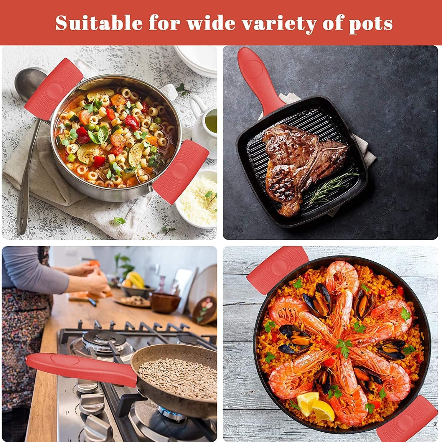 Thumbnail 6 de 4-Pack Silicone Handle Holders for Cast Iron – Heat-Resistant, No-Slip Covers (Red)