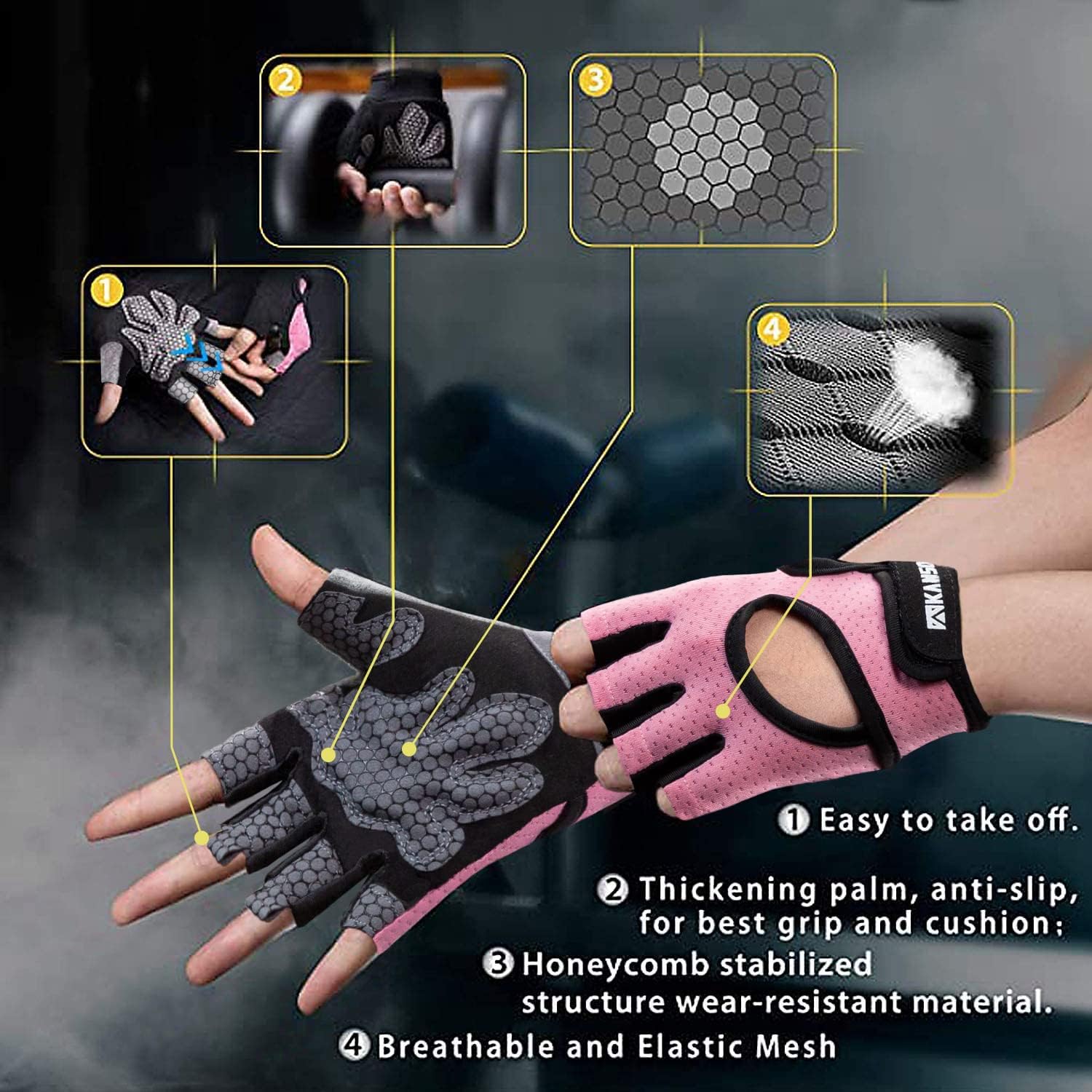Detalle 2 de LIFECT Essential Breathable Fingerless Workout Gloves, Pink, Large