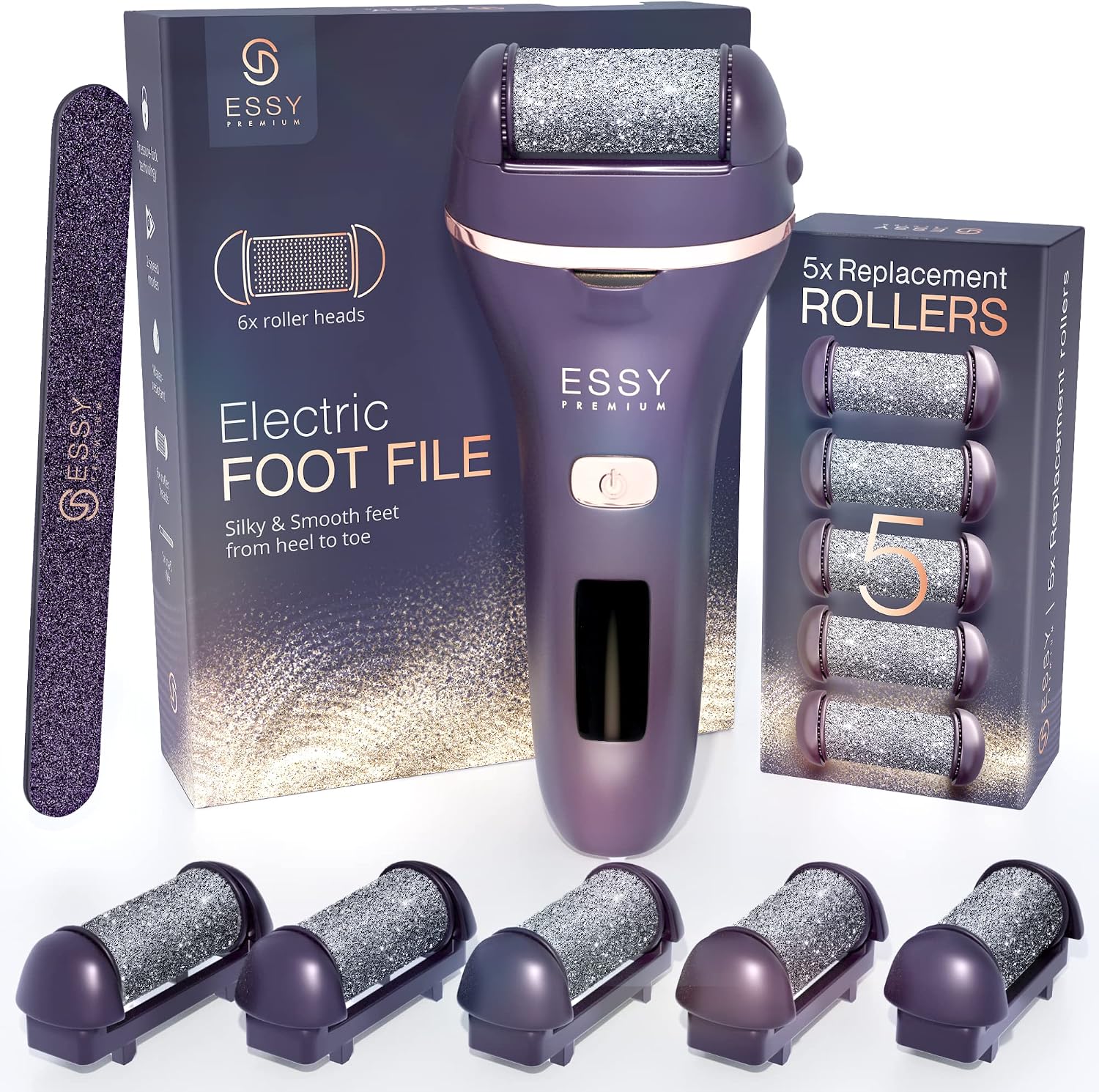 Detalle de Essy Electric Foot File Hard Skin Remover with 5 Replacement Rollers (Purple)