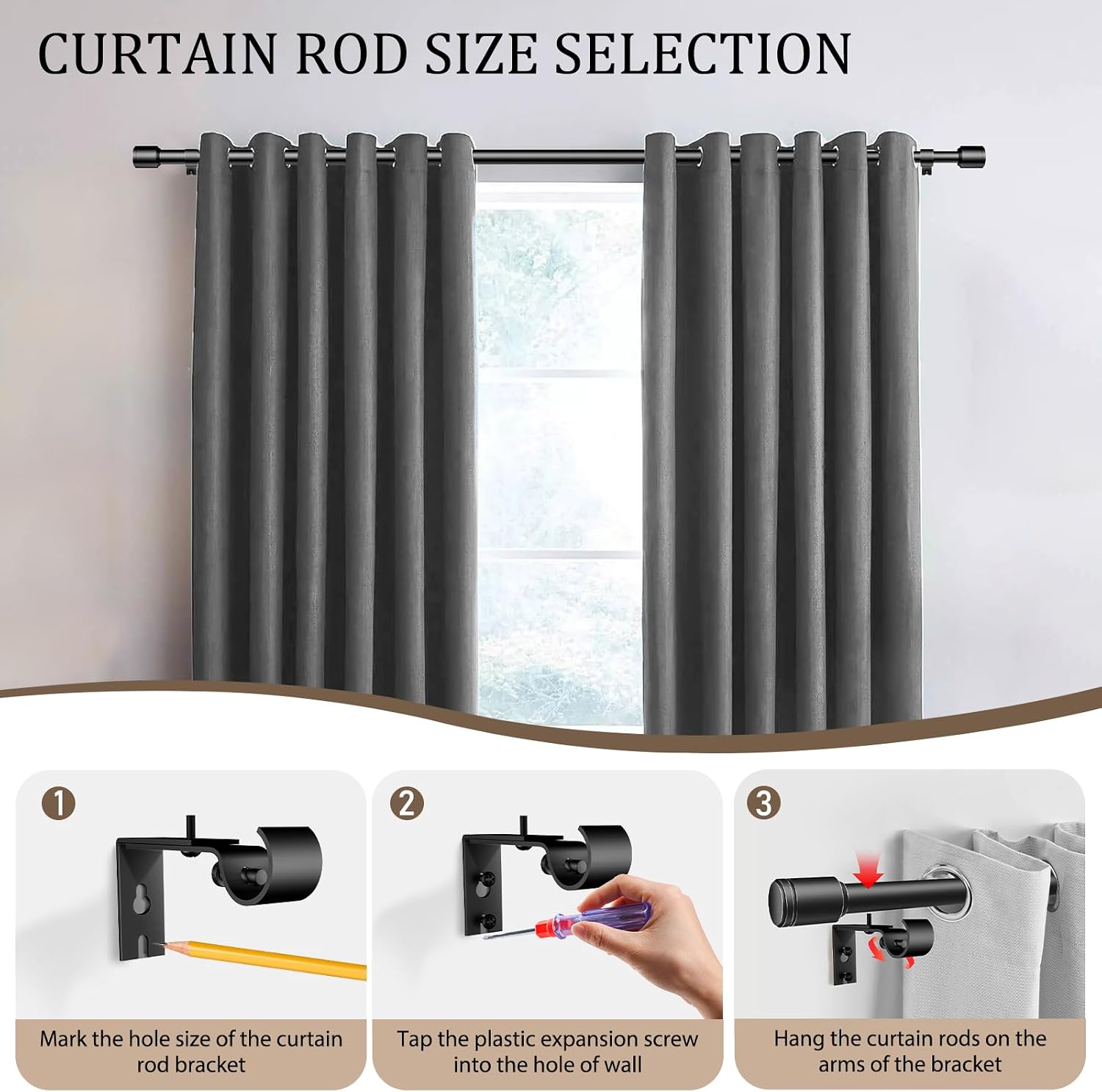 Detalle de Edidonson CR30120Bl2P 2-Pack Curtain Rods, 1-Inch Matte Black, 84–120-Inch