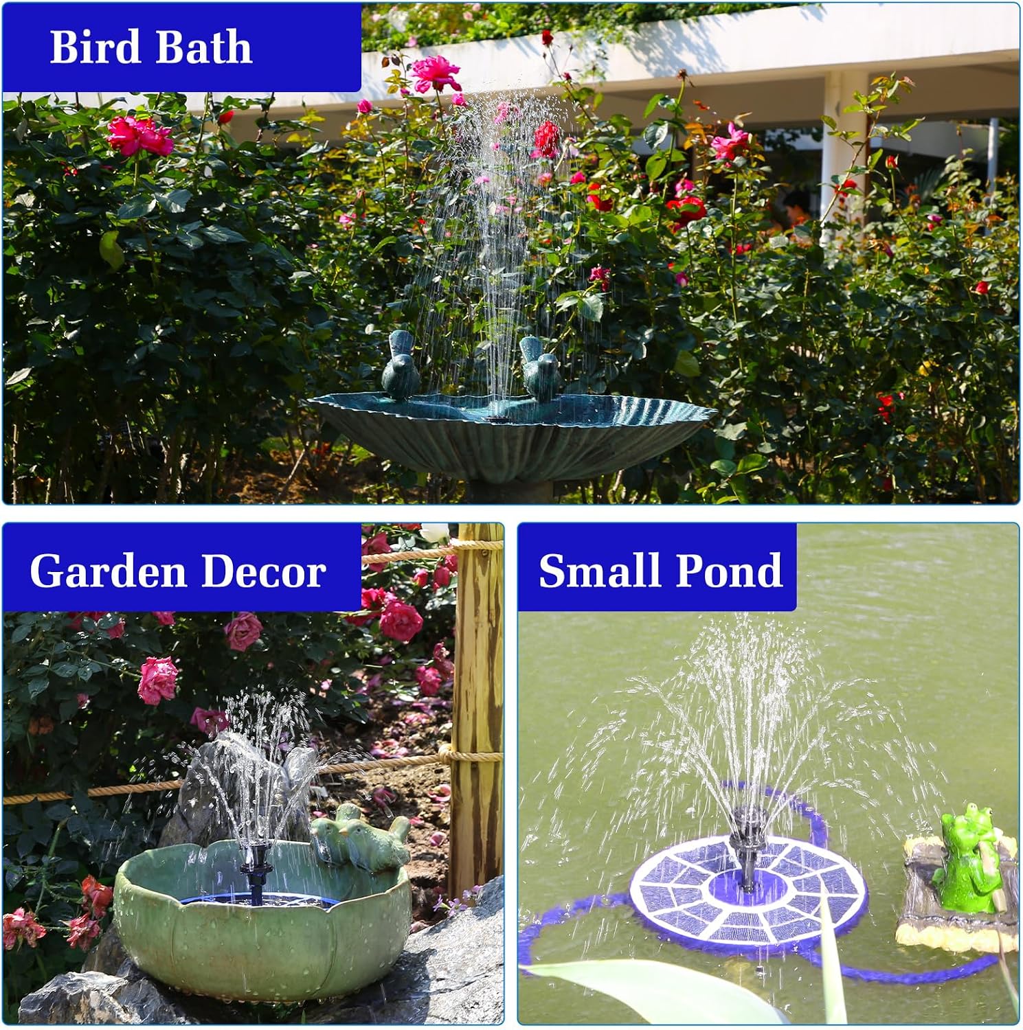 Thumbnail 6 de AISITIN Solar Water Fountain with 3.5W Glass Panel and 8 Nozzles (Dark Blue) – Battery-Enabled Bird Bath Pump for Small Outdoor Ponds
