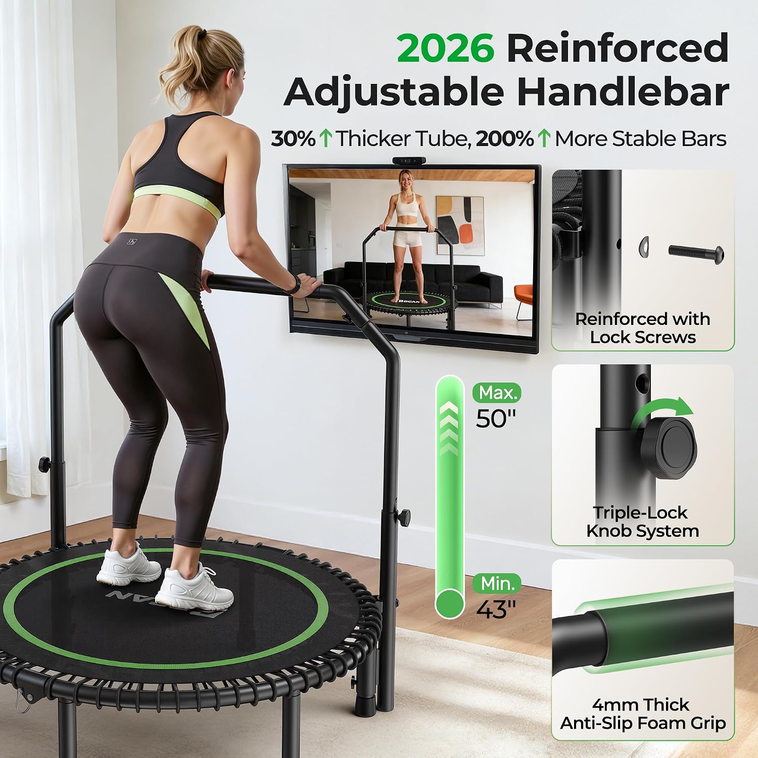 Detalle de BCAN TX-6232CU 40-Inch Foldable Fitness Trampoline with Adjustable Handlebar