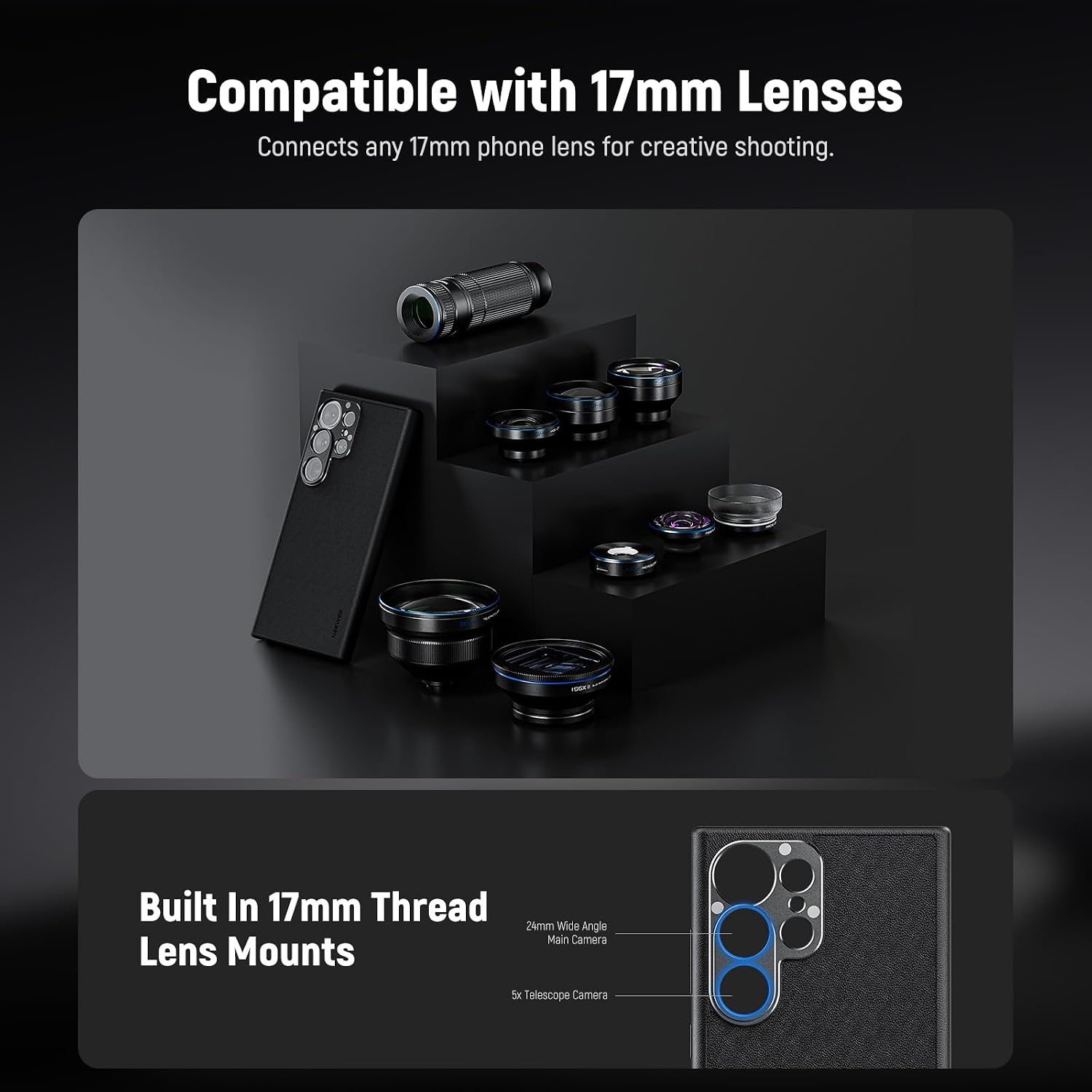 Detalle de NEEWER phone case with 17mm lens mounts