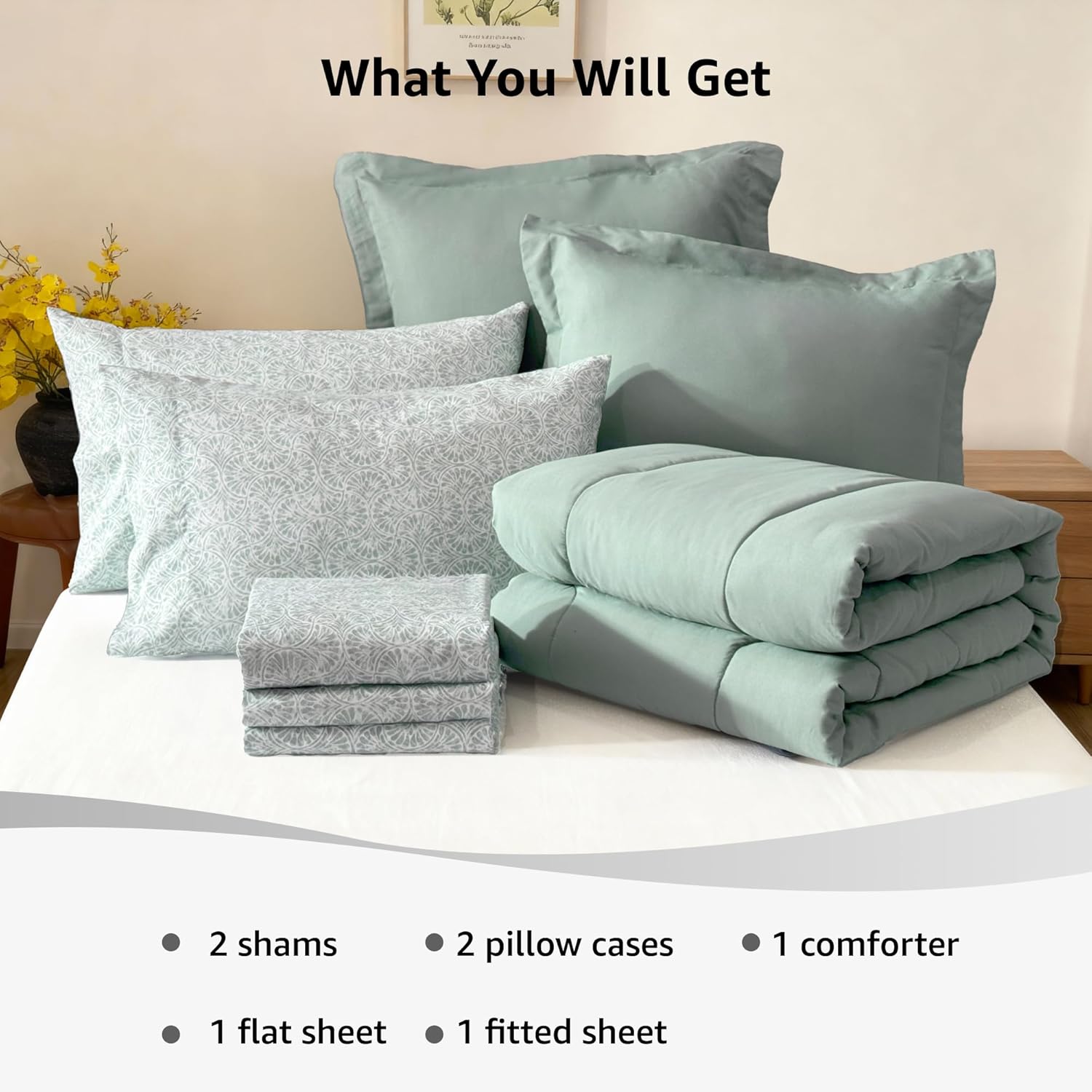 Thumbnail 6 de Monbix Queen Comforter Set - 7 Pieces Sage Green Bed in a Bag