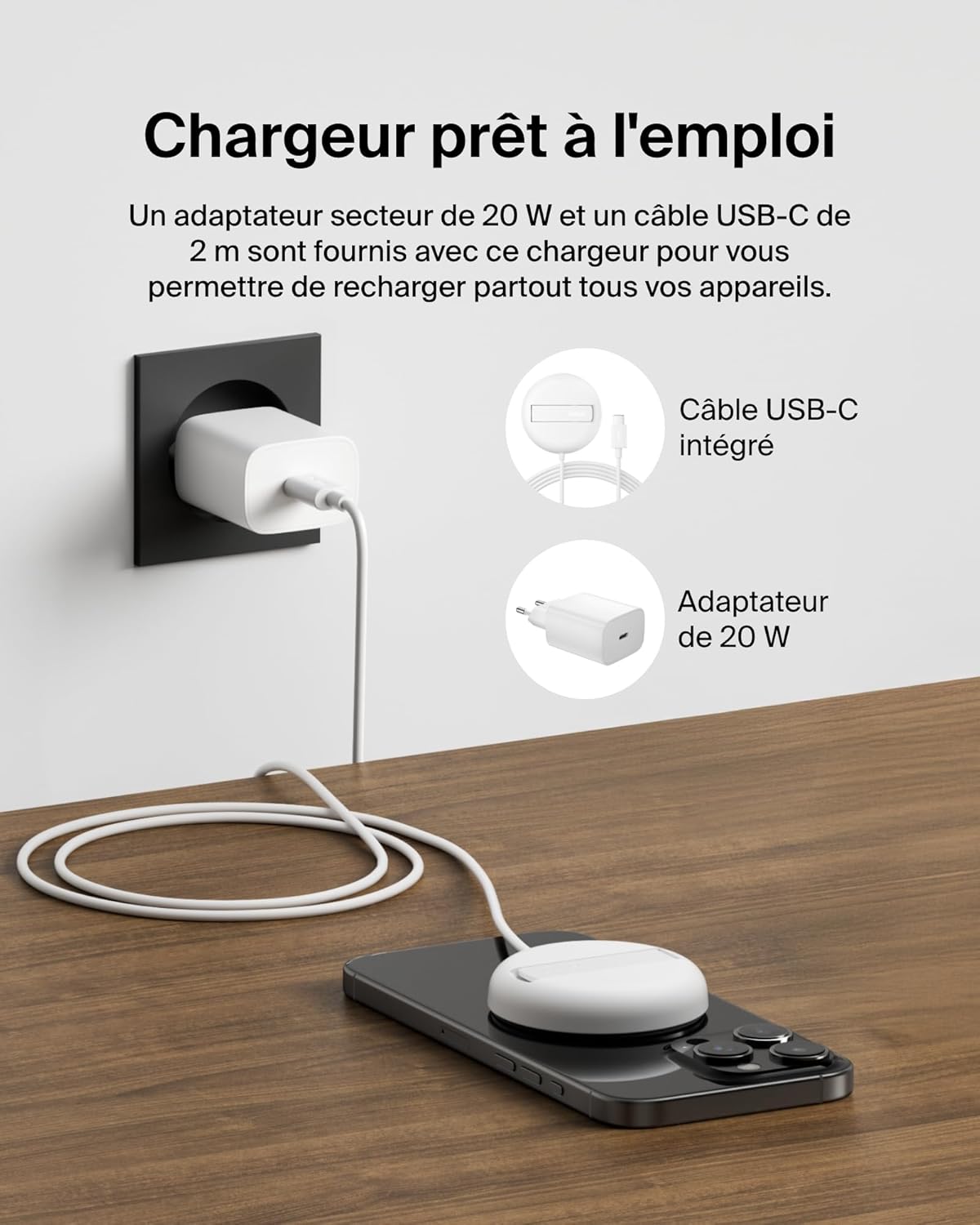 Detalle 2 de Belkin Station de Charge sans Fil BoostCharge Pro 15W – Qi2 et MagSafe, USB-C intégré