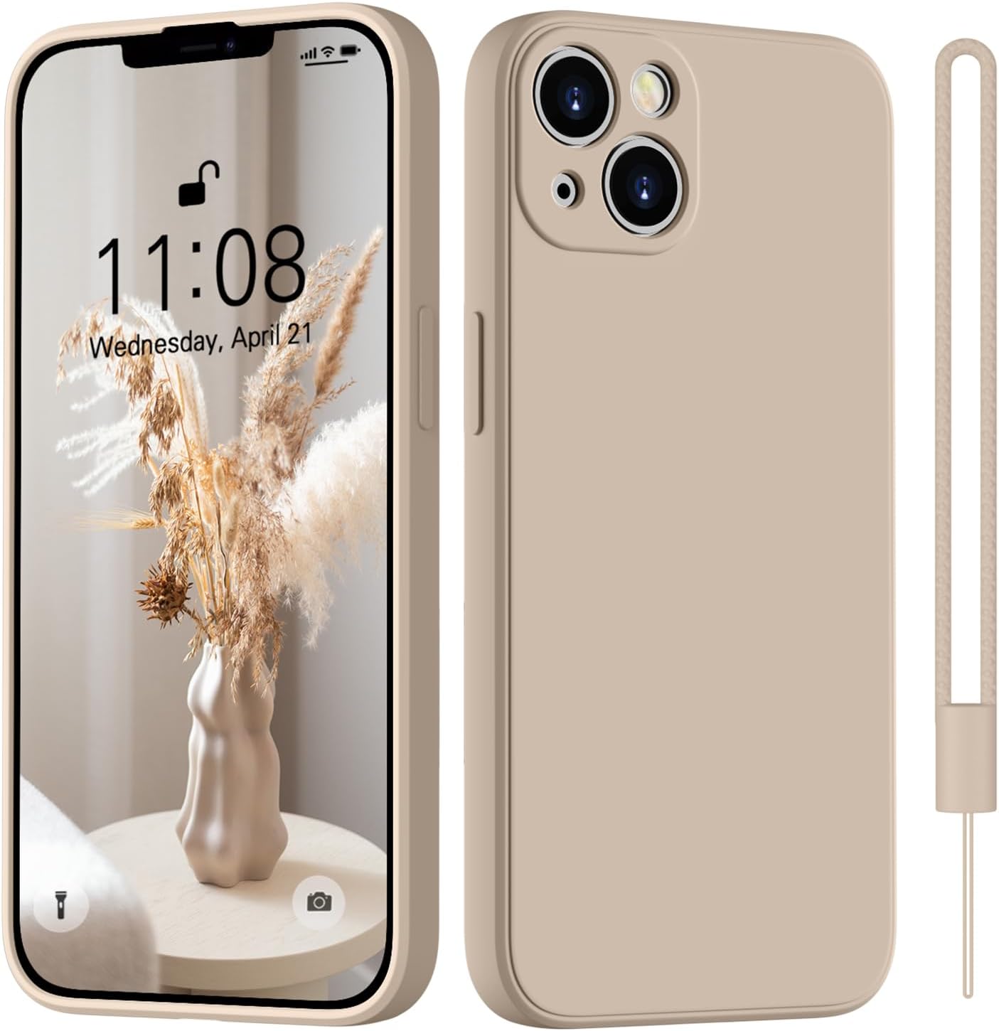 Detalle de HGH Silikon-Hülle für iPhone 13 (6,1") mit Lanyard – dünner Rundumschutz in Khaki