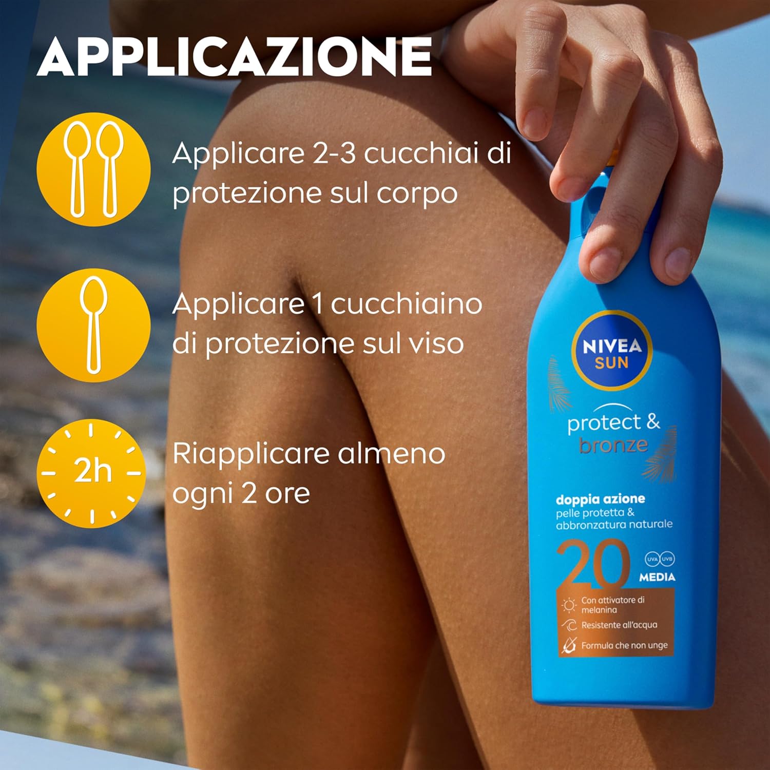 Detalle 2 de NIVEA SUN Latte Solare Protect & Bronze FP20 200 ml — abbronzatura dorata e protetta