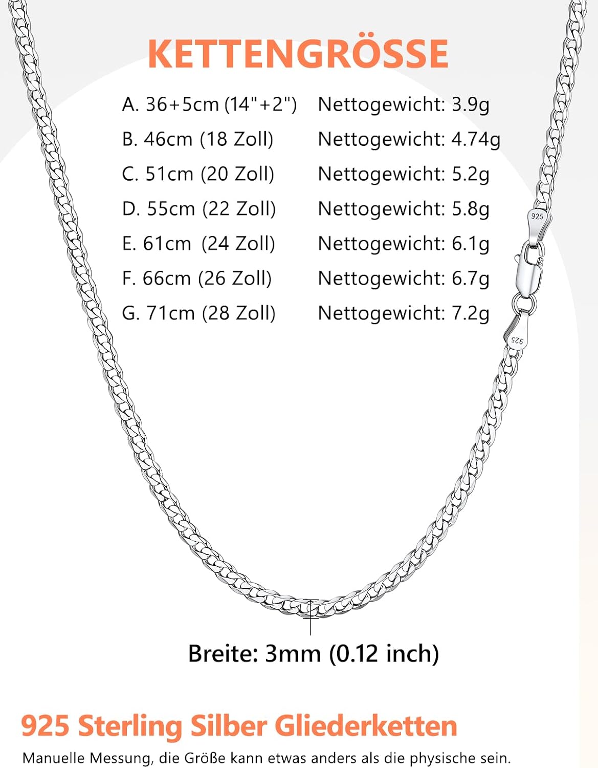 Detalle de Silvora S925 Silber Kubanische Kette (Figaro/Panzer) ultradünn, versch. Längen 36–71 cm