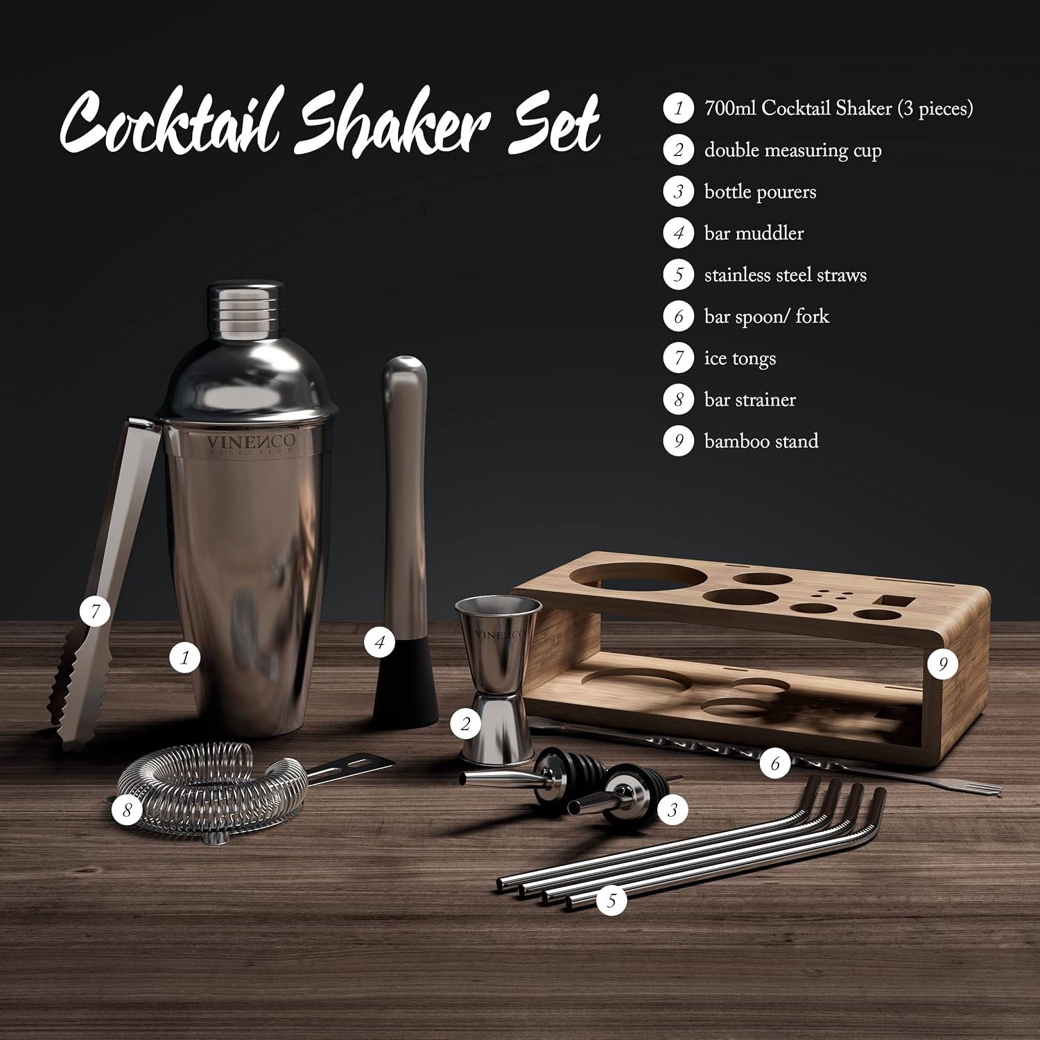 Detalle de Vinenco CS2 cocktailshakerset, 13-delig RVS met standaard en receptenboek