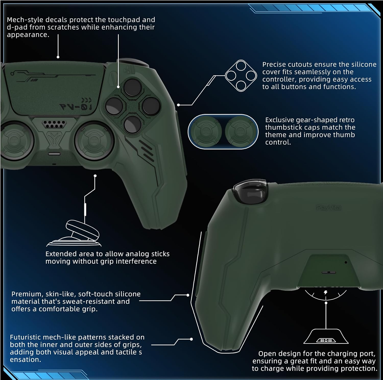 Detalle 2 de PlayVital Mecha Edition Silicone Cover for PS5 Controller (Green) – Anti-Slip, Shockproof, with Joystick Caps & Stickers