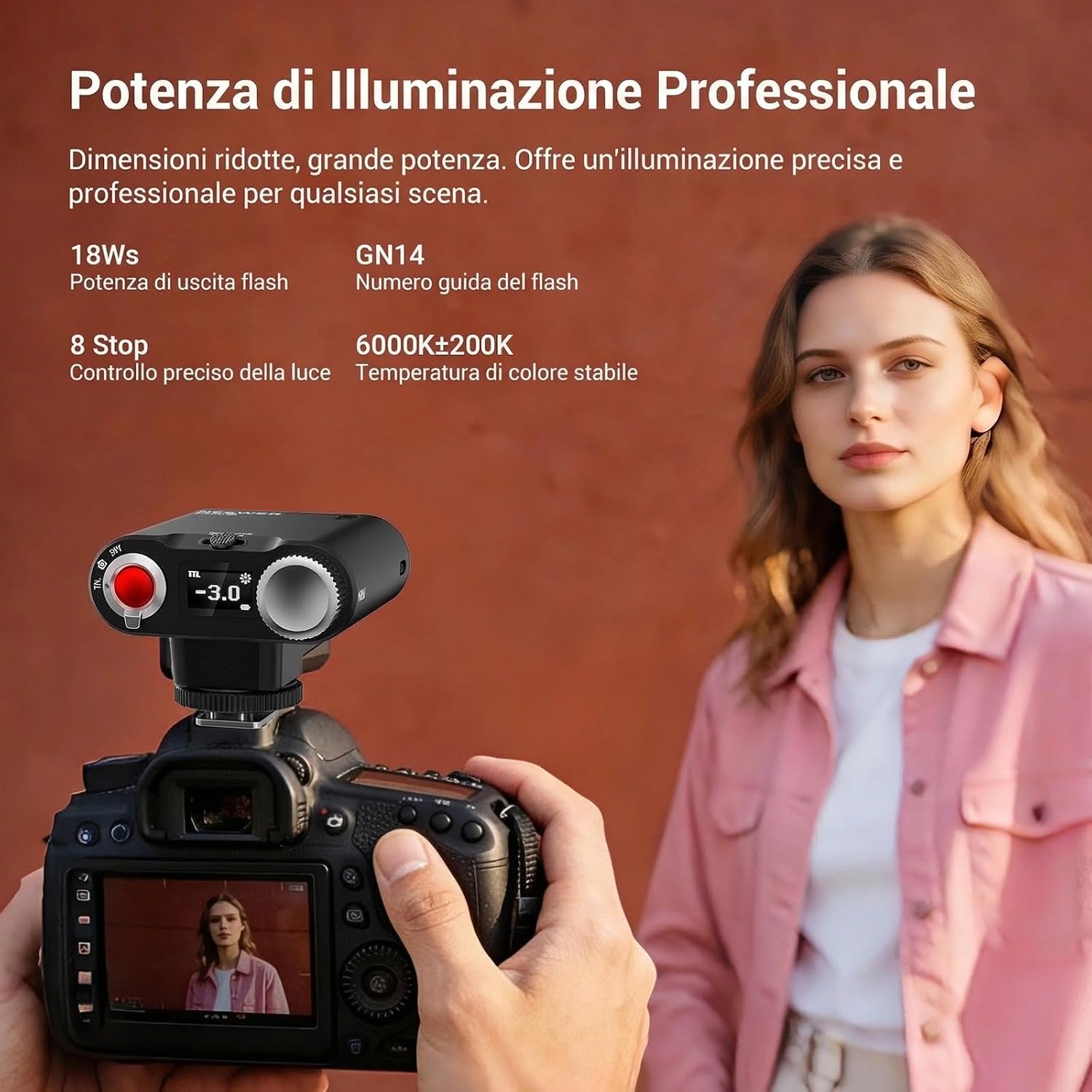 Detalle de NEEWER Z160U-N: Speedlite compatibile Nikon, 18Ws GN14, TTL/HSS, batteria integrata 1100mAh, USB-C