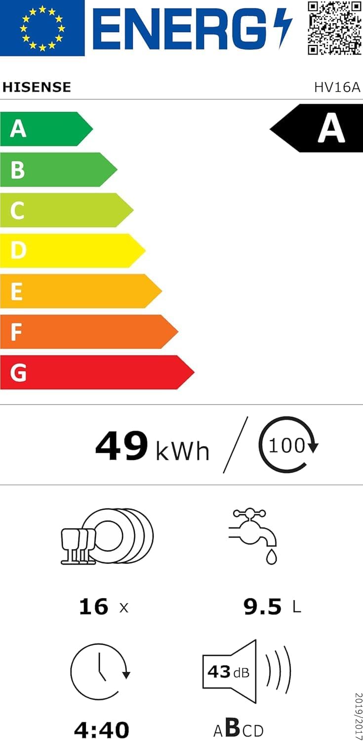 Detalle 2 de Hisense HV16A Lavastoviglie da Incasso, 16 Coperti, Terzo Cesto Flessibile, 8 Programmi, Inverter Silenzioso