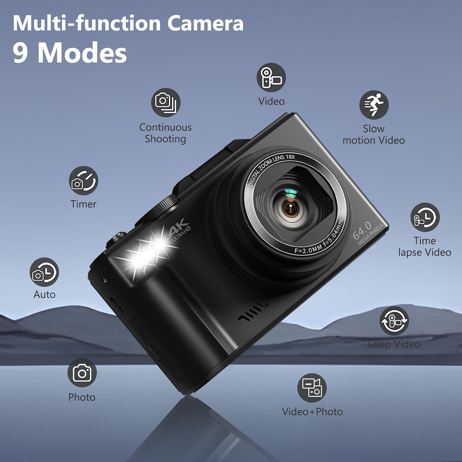 Detalle 2 de VJIANGER WD08 4K Digital Camera, 64MP, 180° Flip Screen, 18X Zoom