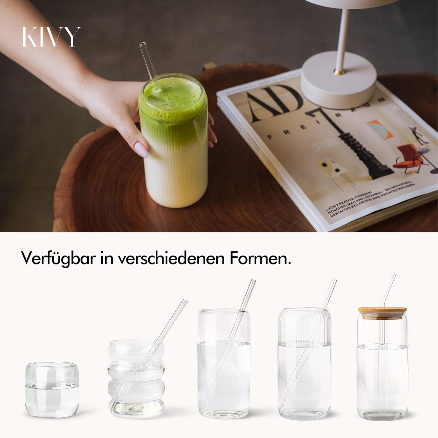 Detalle de KIVY Geriffelte Gläser 4er Set – 450 ml, Strohhalm, Borosilikatglas, spülmaschinenfest