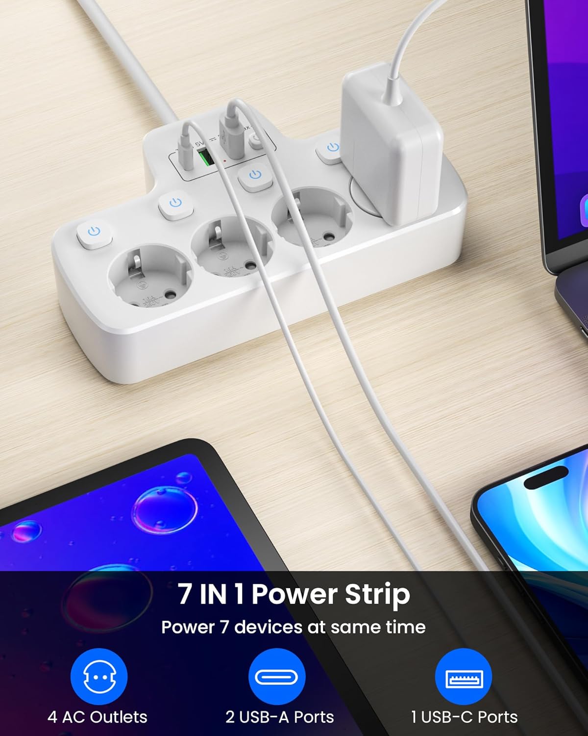 Detalle de Ciabatta Multipresa con Interruttori Indipendenti, 4 prese Schuko + USB (USB-C) – 2 m, design sottile, Bianca