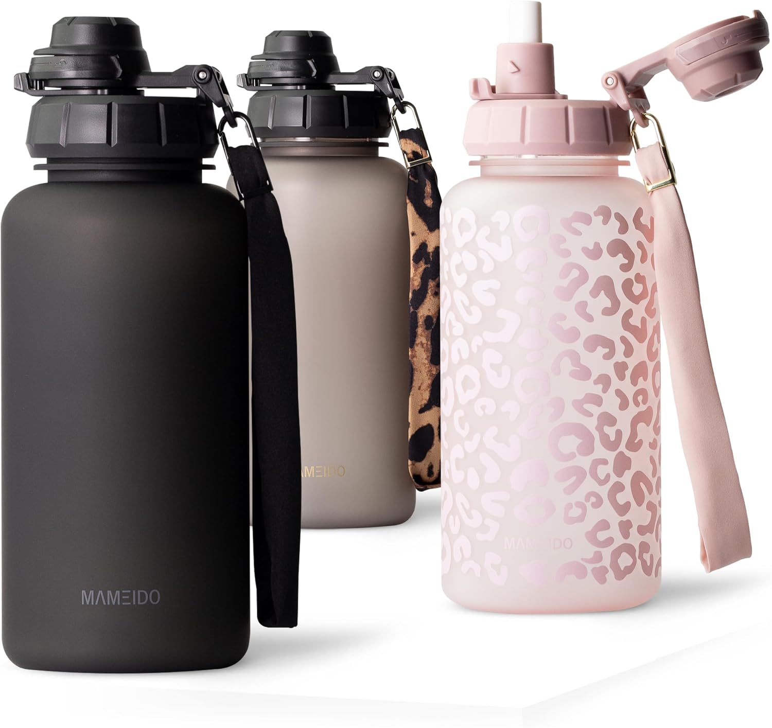 Detalle de MAMEIDO Trinkflasche 1 l mit Strohhalm (Rich Black) – 2-in-1 Sportdeckel, BPA-frei, Zeitmarkierung