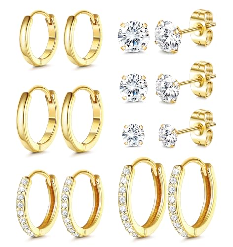 Detalle de Dochais Ohrringe Gold – 316L Chirurgenstahl Steckerstift, 18K Gold vergoldet, 7 Paar Huggie Creolen und Stecker
