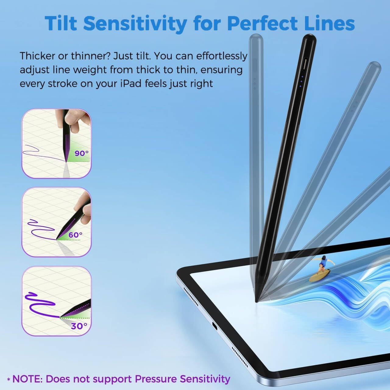 Thumbnail 3 de Stylus Pen for iPad (2018–2025) with Tilt Sensitivity, Palm Rejection, and Fast Charge (Black)