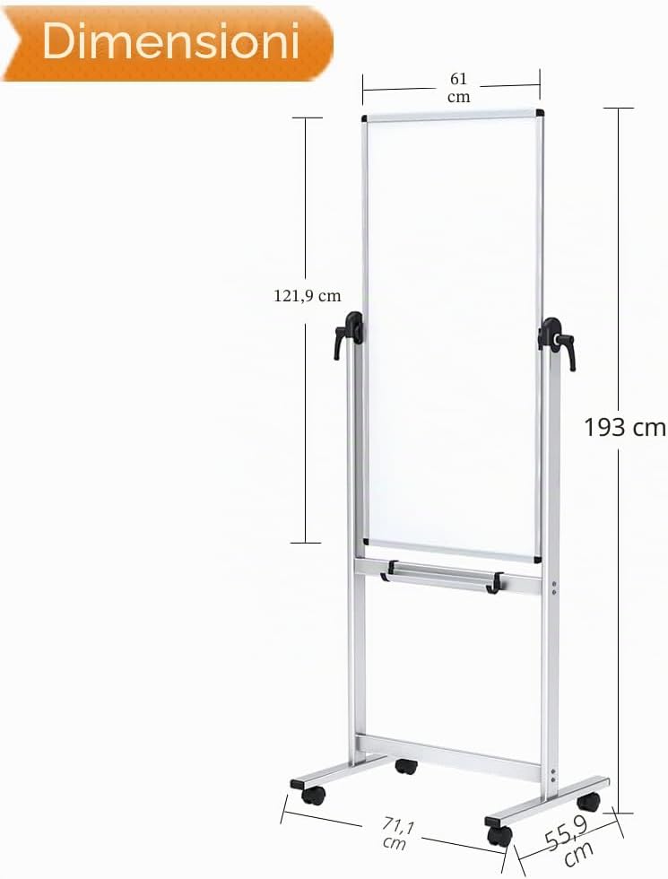Detalle de VIZ-PRO Lavagna Bianca Mobile con Supporto – Doppia Faccia, Cornice in Alluminio 120 x 60 cm