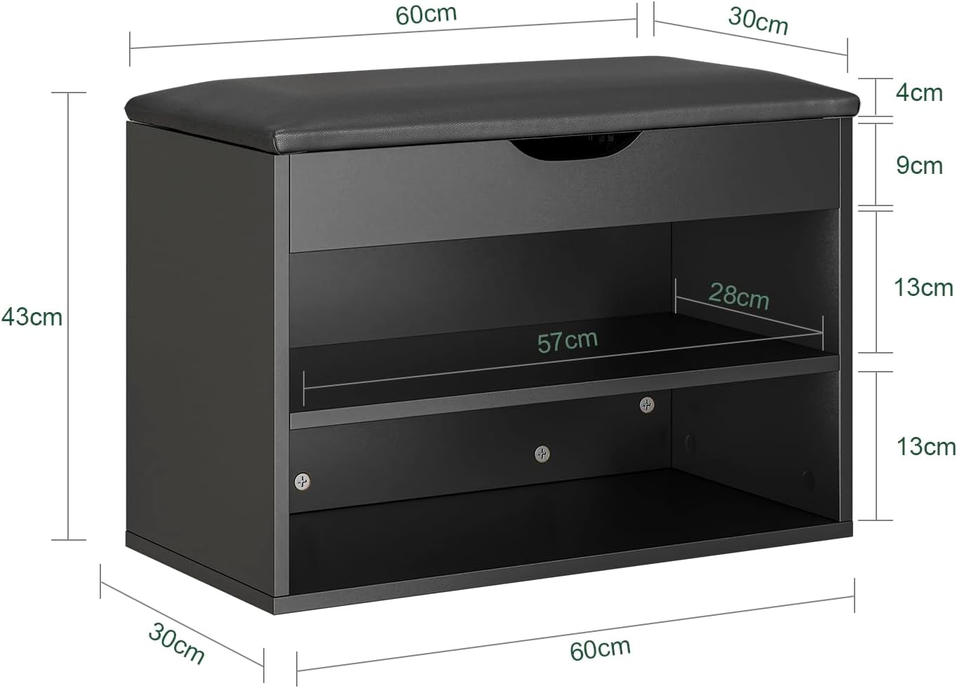 Detalle de SoBuy Banc Chaussures Entrée FSR25-SCH – Banc de rangement 3 en 1, 60 × 30 × 43 cm, noir