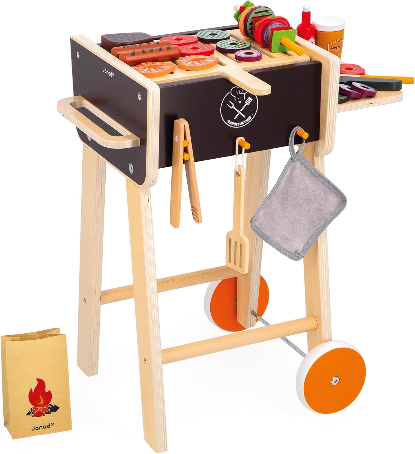 Janod Barbecue in legno J06619 con 57 accessori in feltro e legno, gioco di imitazione da 3 anni