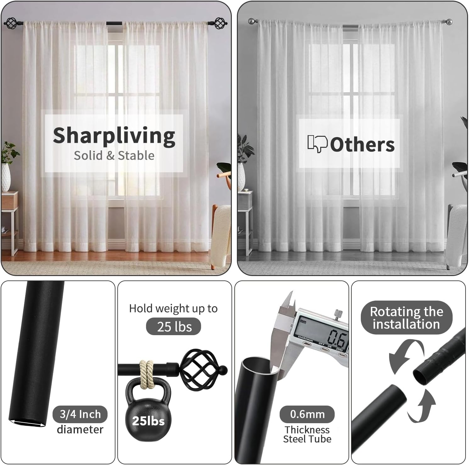 Detalle 2 de Sharpliving Champagne Drape Rod, Adjustable 30–48-Inch Curtain Rod with Square Finials